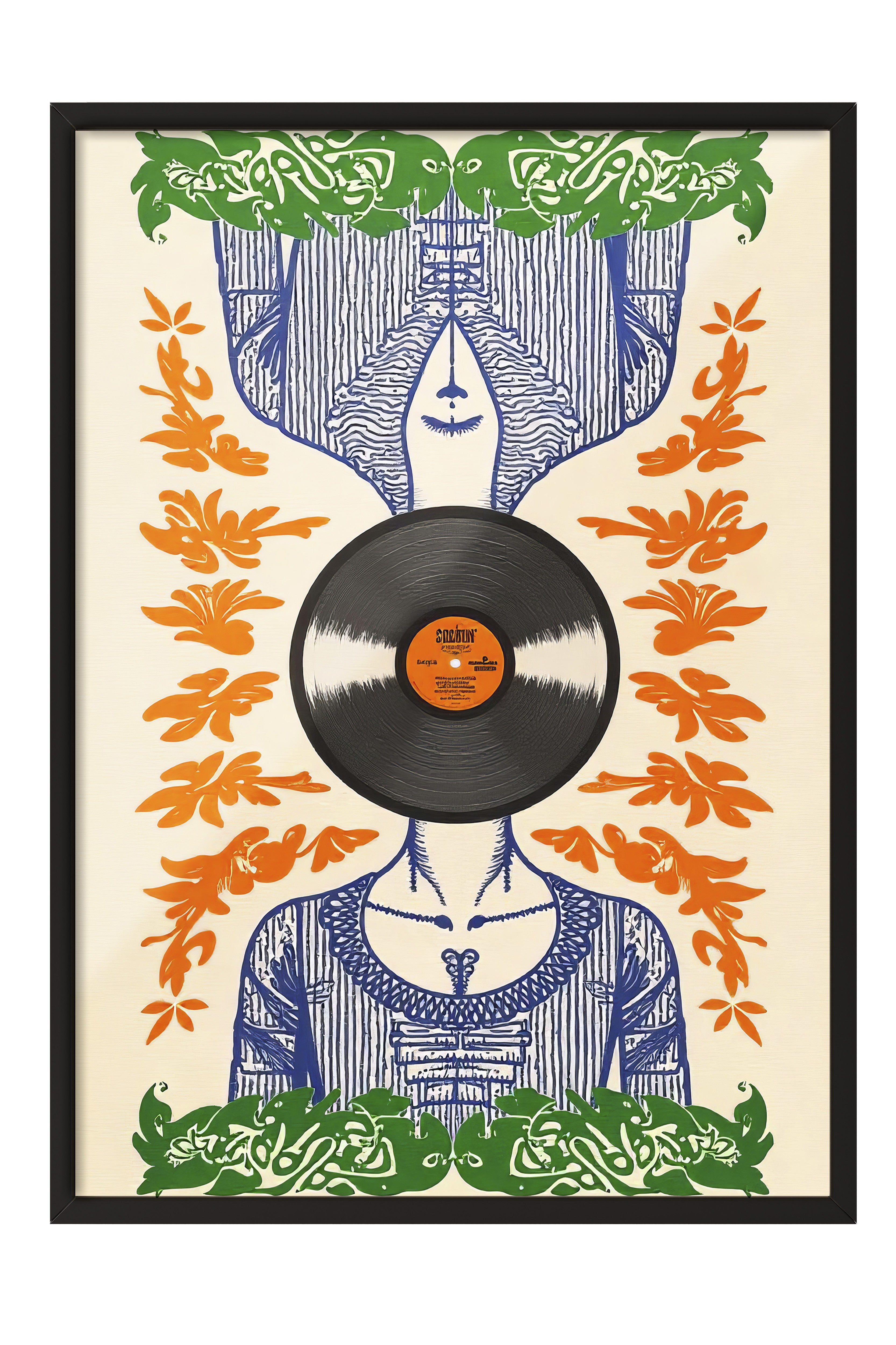 Siyah Çerçeveli Tablo, Plak Kadını, İllüstrasyon, Maximalist, Turuncu Renk Poster, 2025 Yaz Seçkisi, NO:109785