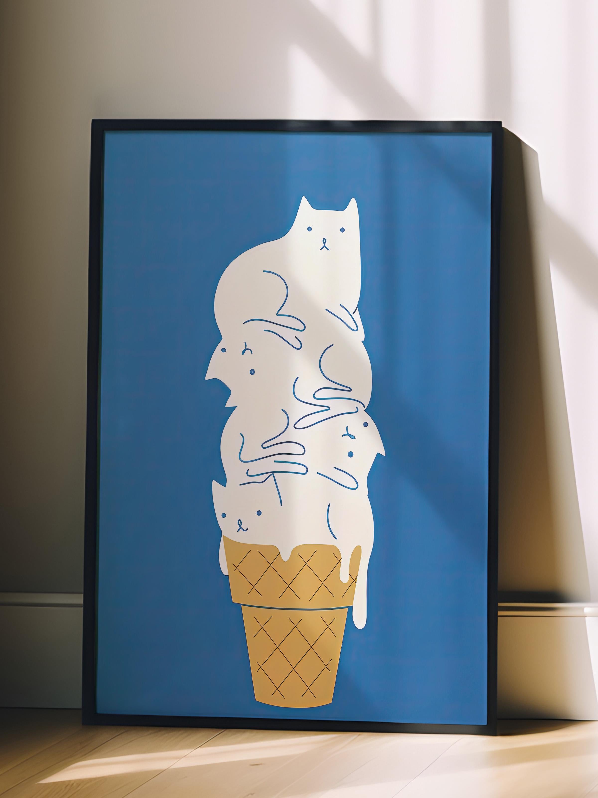Siyah Çerçeveli Tablo, Poster ve Çerçeve Seti, Cats Ice Cream Comfort Serisi NO:108731