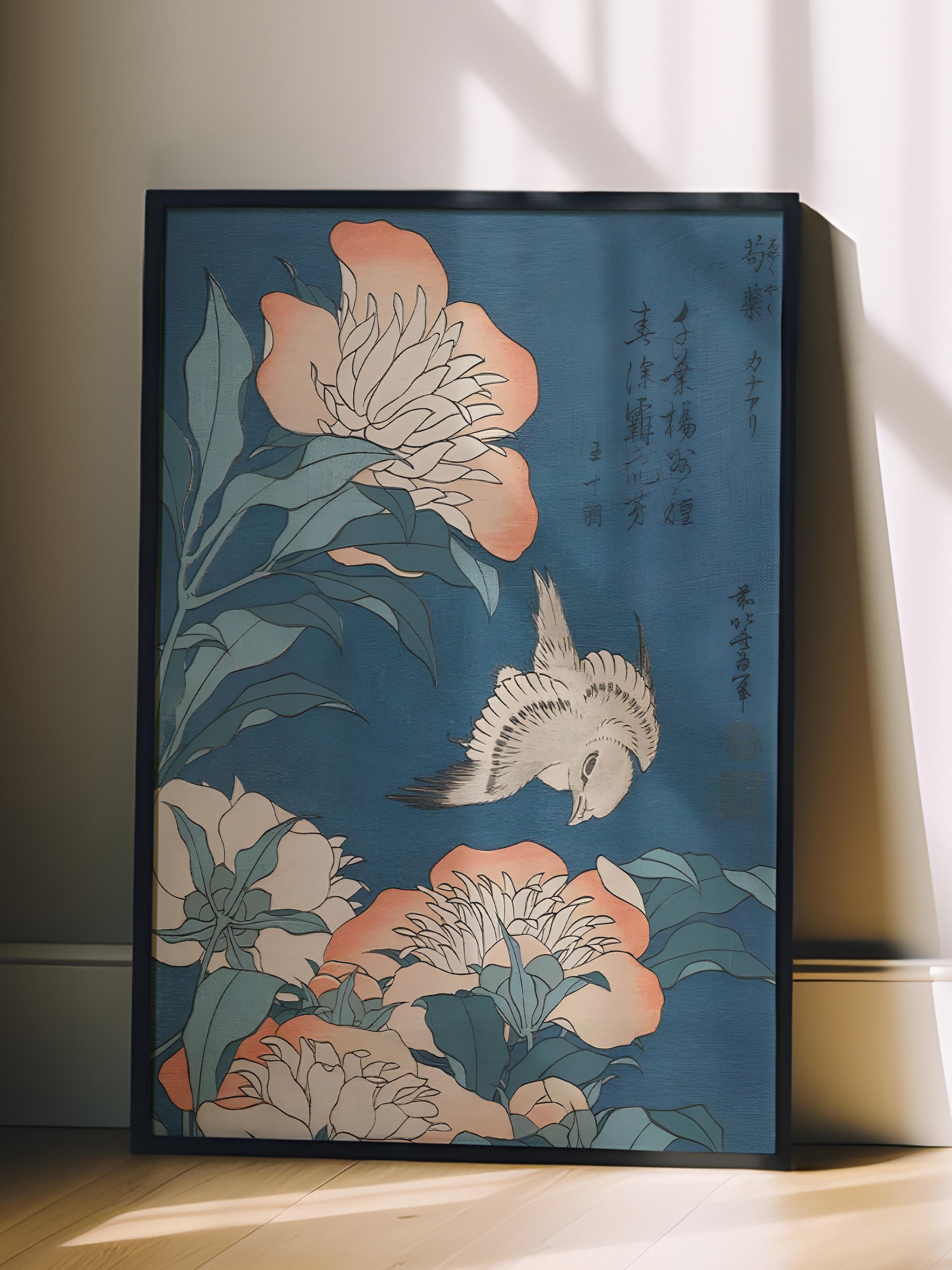 Siyah Çerçeveli Tablo, Poster ve Çerçeve Seti, Hokusai - Peonies And Canary Comfort Serisi NO:108694