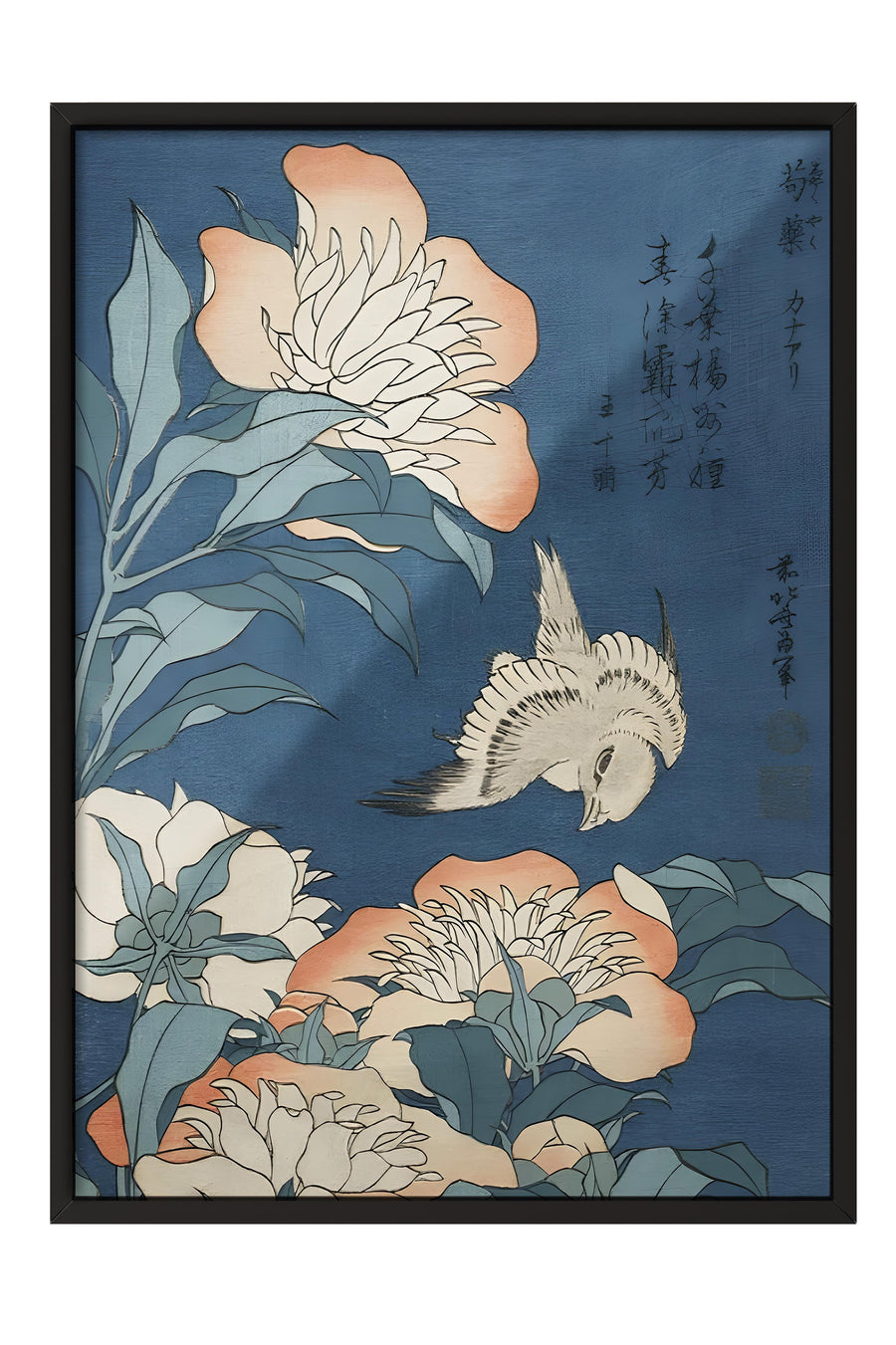 Şakayık Çiçekleri ve Kuş Japon Sanatı Poster – Siyah Çerçeveli Tablo