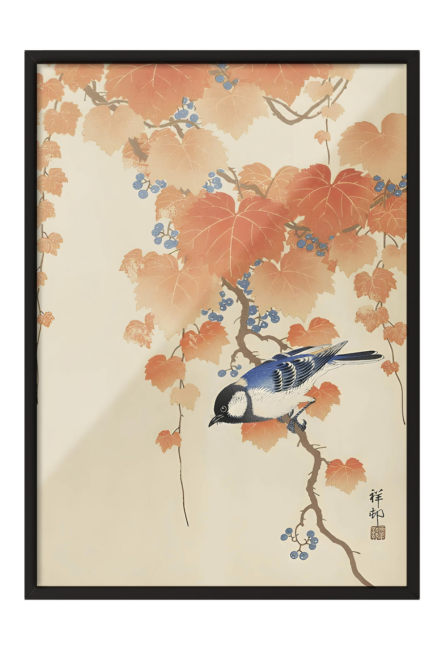Sonbahar Yapraklarında Kuş Japon Sanatı Poster – Siyah Çerçeveli Tablo