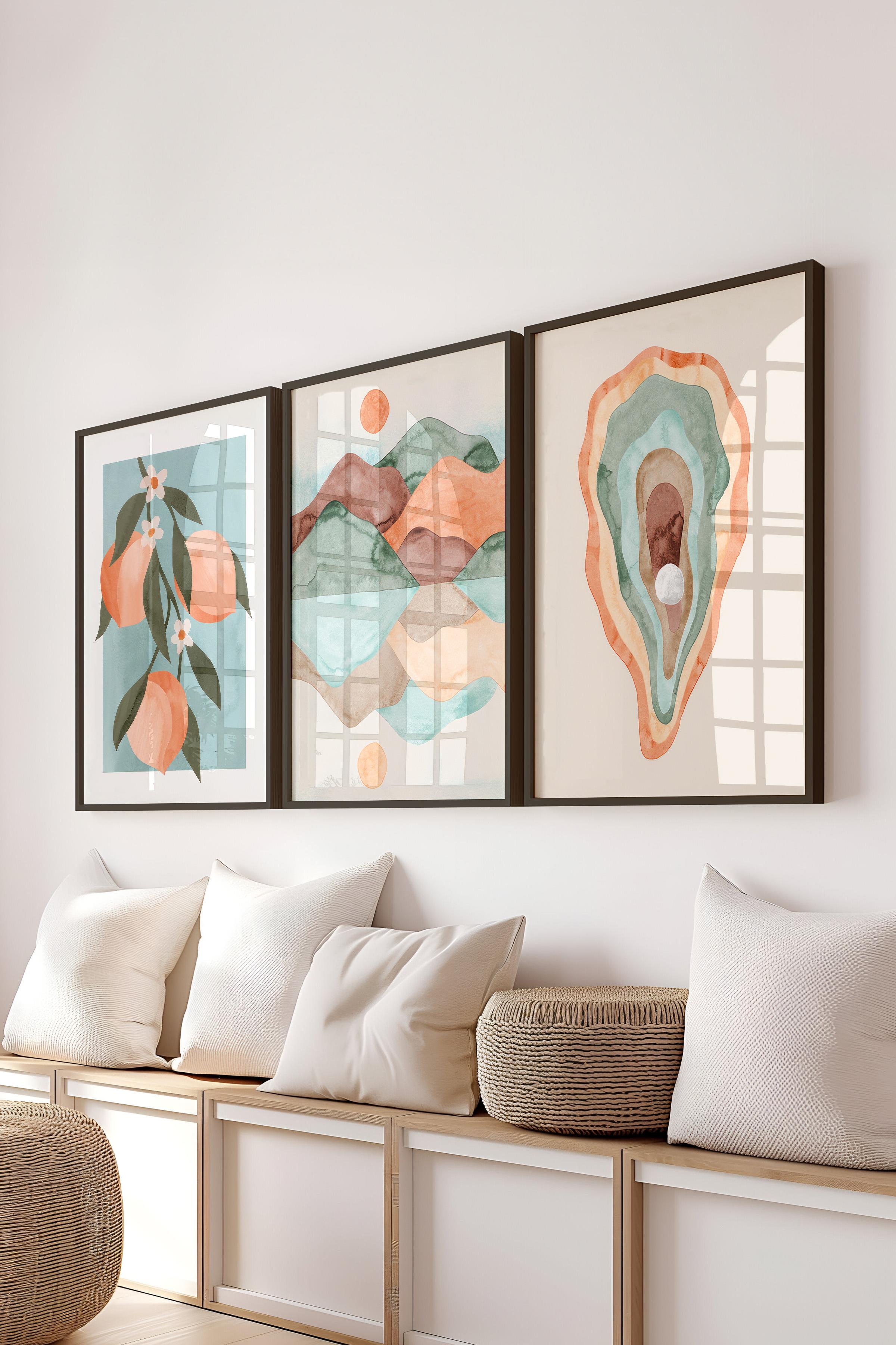 Siyah Çerçeveli Tablo Seti, Boho Duvar Tablosu, 3 Adet Poster Seti, No:300760