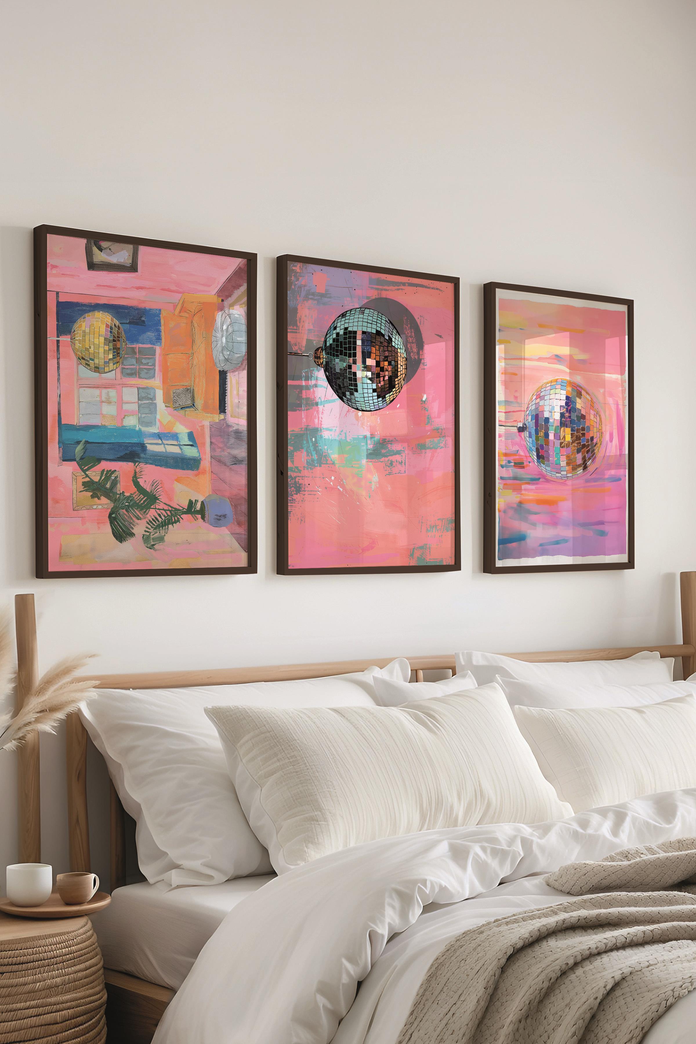 Siyah Çerçeveli Tablo Seti, Disko Topu Maximalist Duvar Tablosu, 3 Adet Poster Seti, No:300789