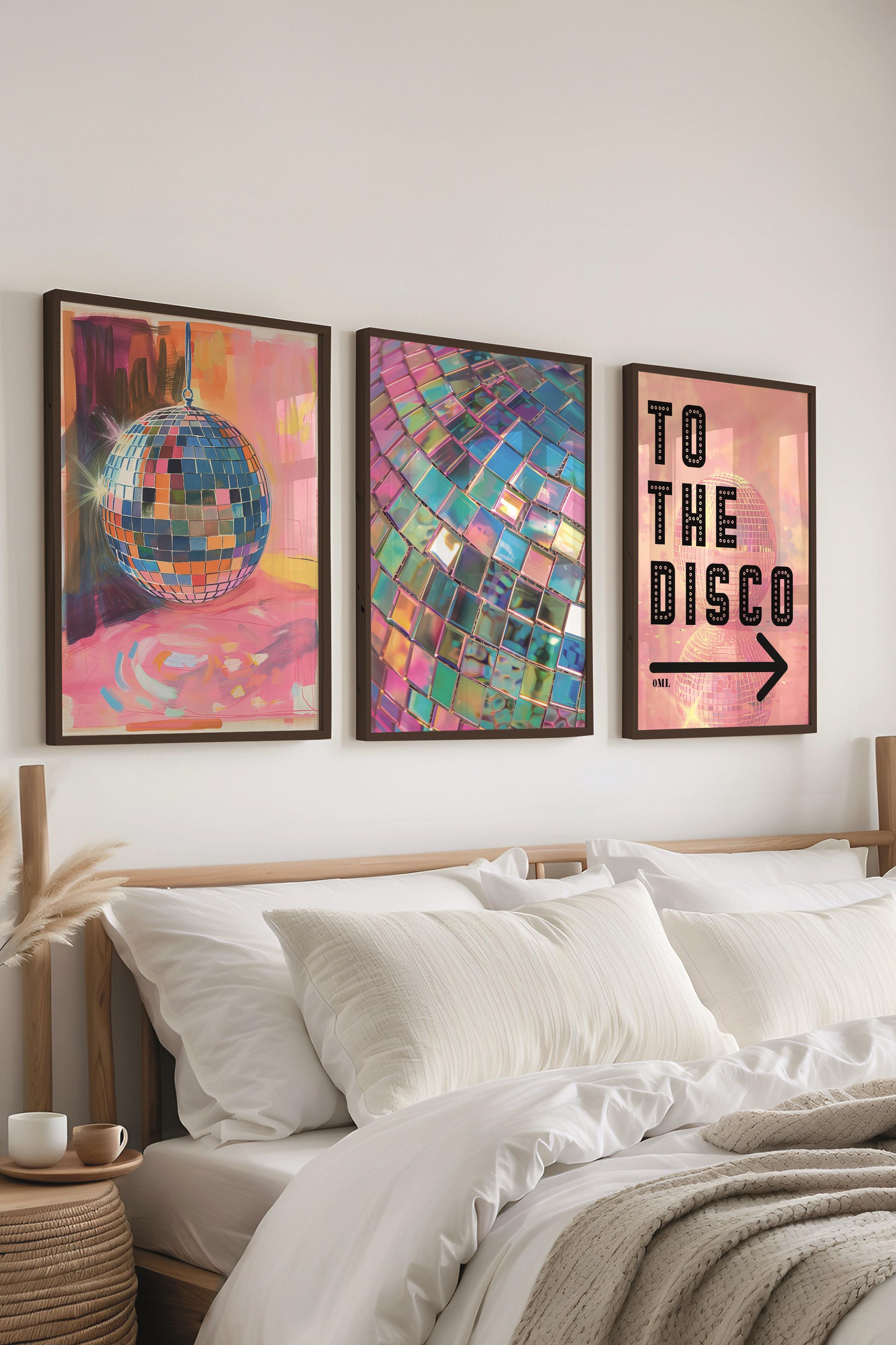Siyah Çerçeveli Tablo Seti, Disko Topu Maximalist Duvar Tablosu, 3 Adet Poster Seti, No:300790