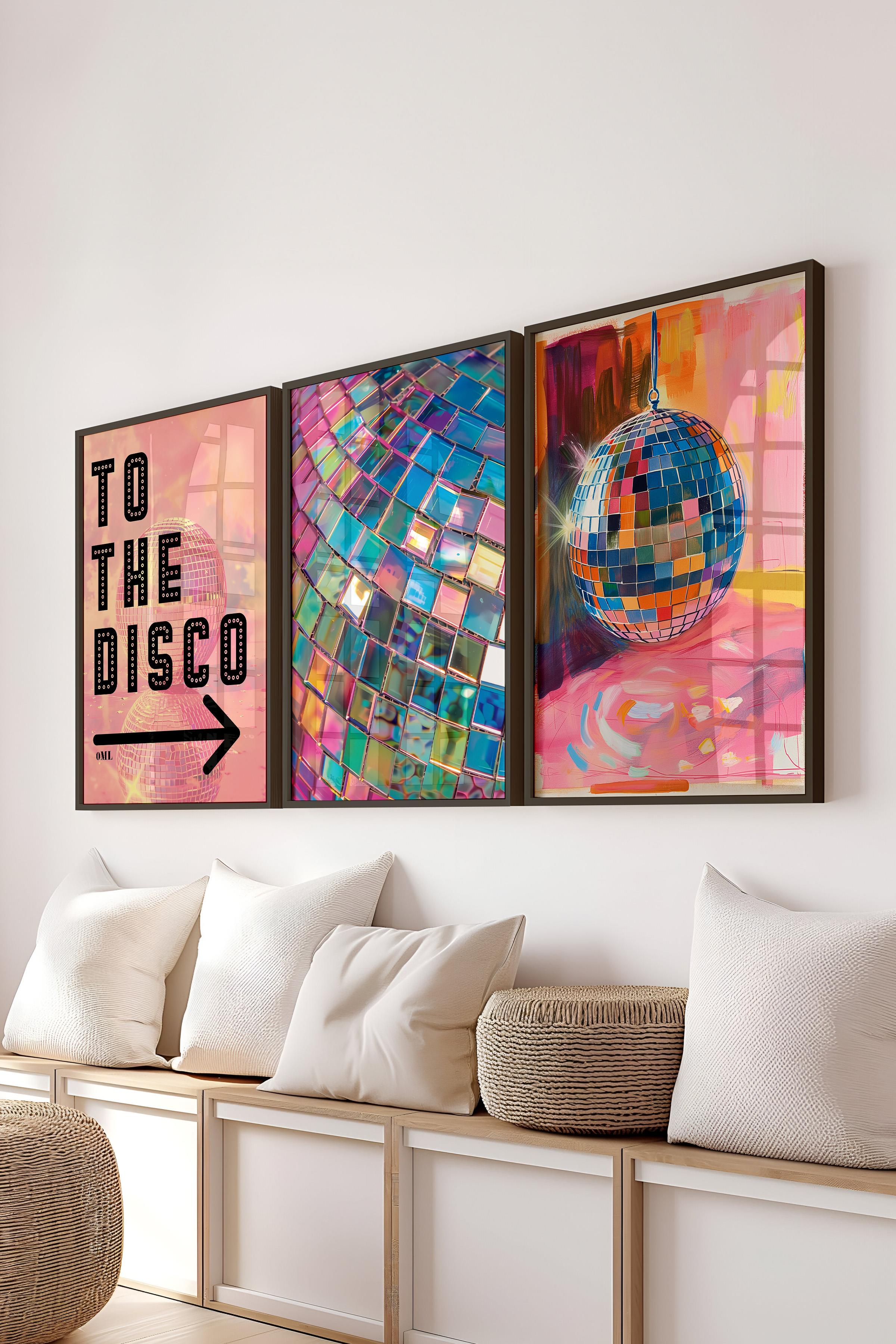 Siyah Çerçeveli Tablo Seti, Disko Topu Maximalist Duvar Tablosu, 3 Adet Poster Seti, No:300790