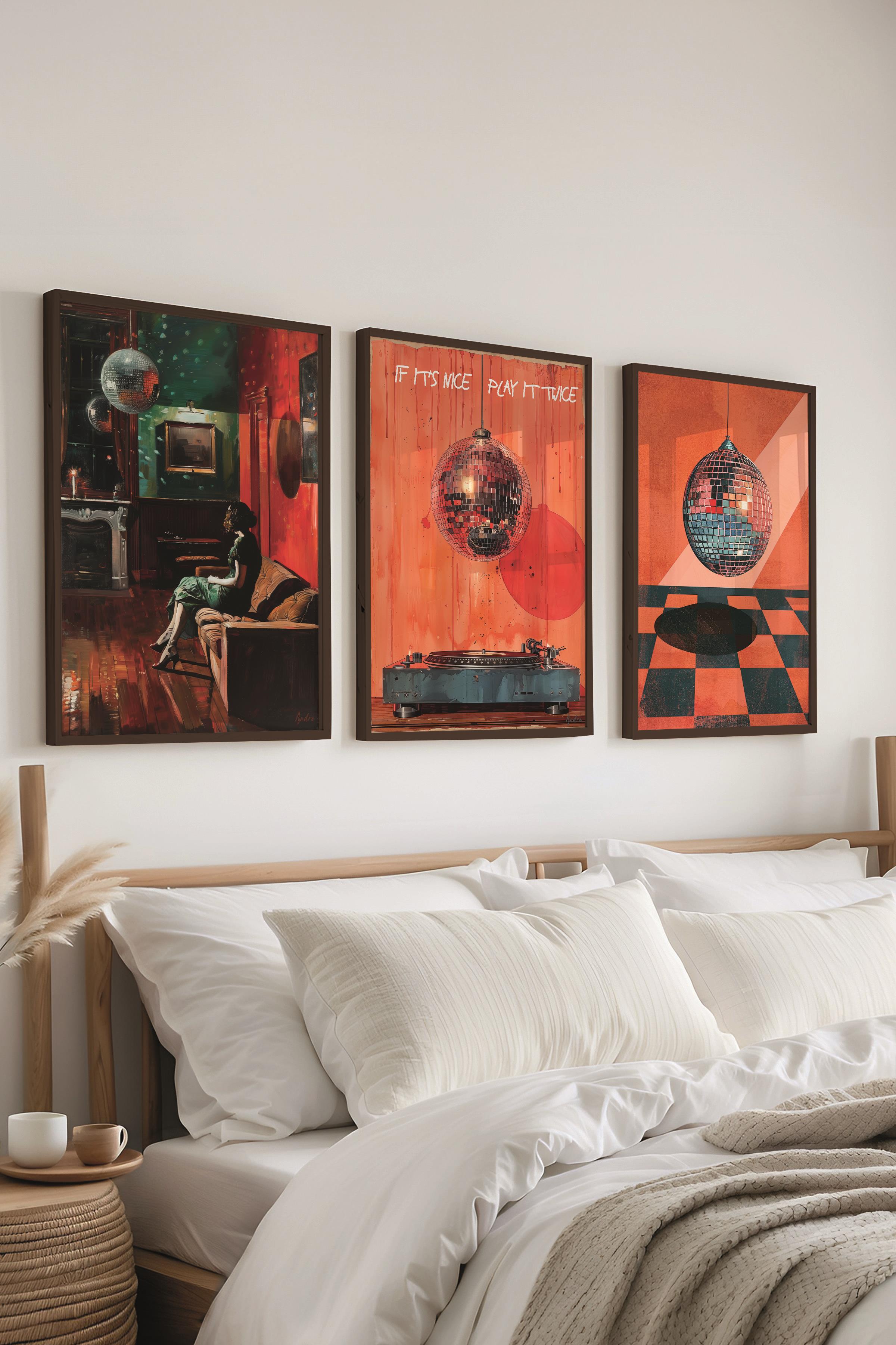Siyah Çerçeveli Tablo Seti, Disko Topu Maximalist Duvar Tablosu, 3 Adet Poster Seti, No:300791