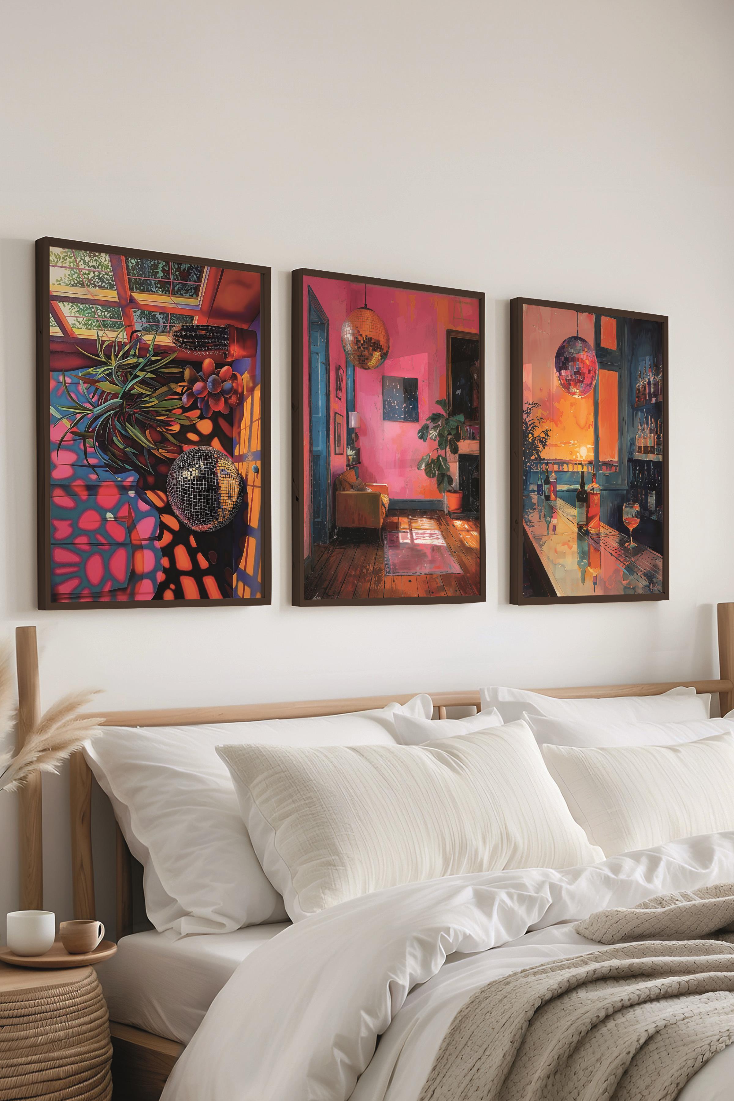 Siyah Çerçeveli Tablo Seti, Disko Topu Maximalist Duvar Tablosu, 3 Adet Poster Seti, No:300794
