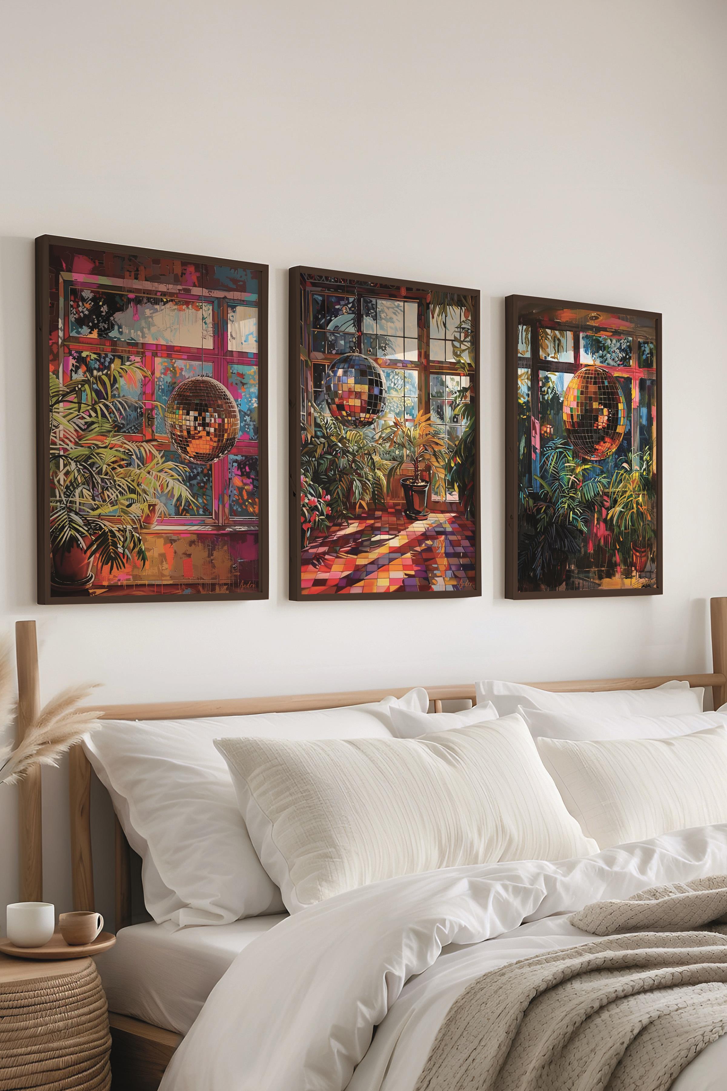 Siyah Çerçeveli Tablo Seti, Disko Topu Maximalist Duvar Tablosu, 3 Adet Poster Seti, No:300797