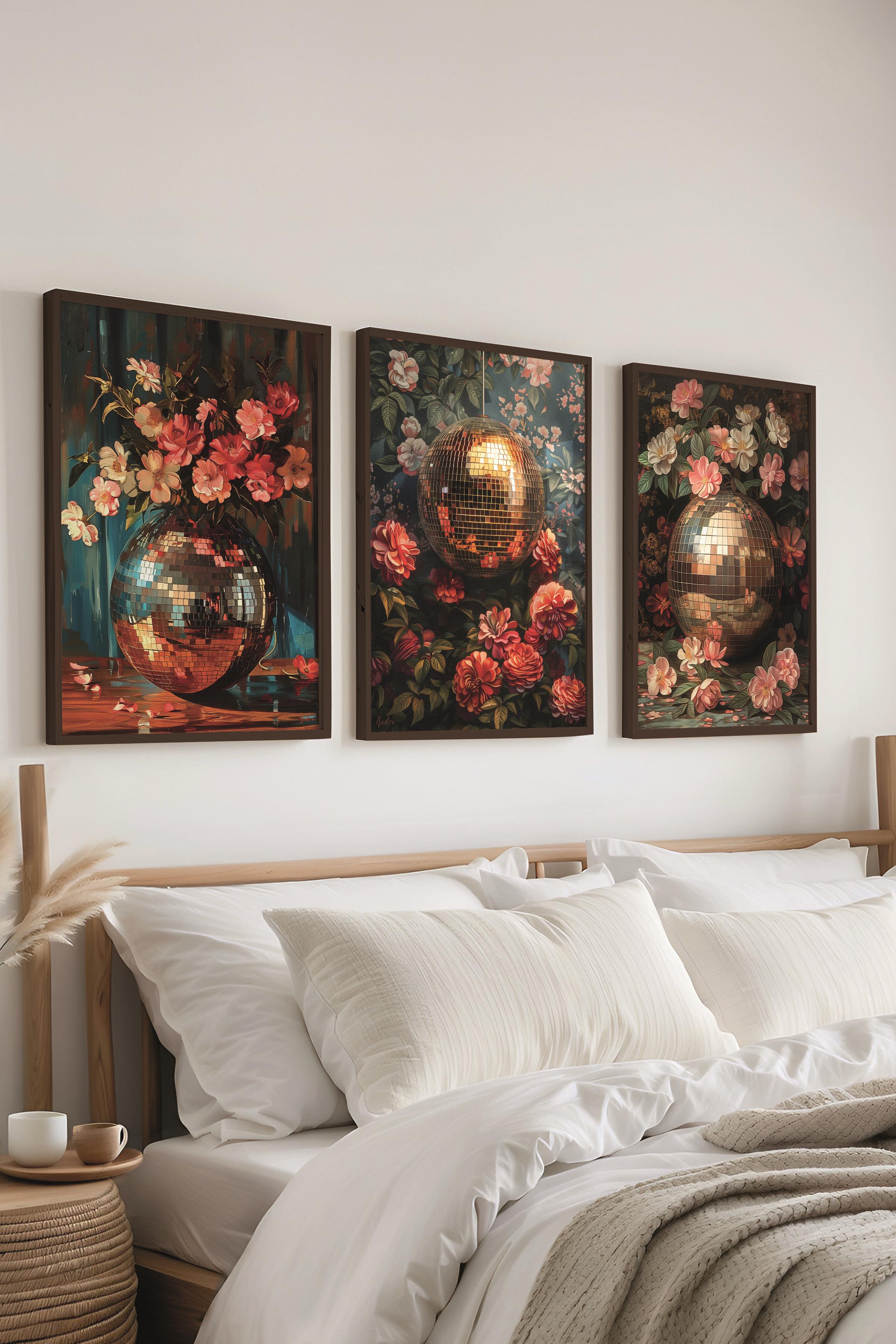 Siyah Çerçeveli Tablo Seti, Disko Topu Maximalist Duvar Tablosu, 3 Adet Poster Seti, No:300798