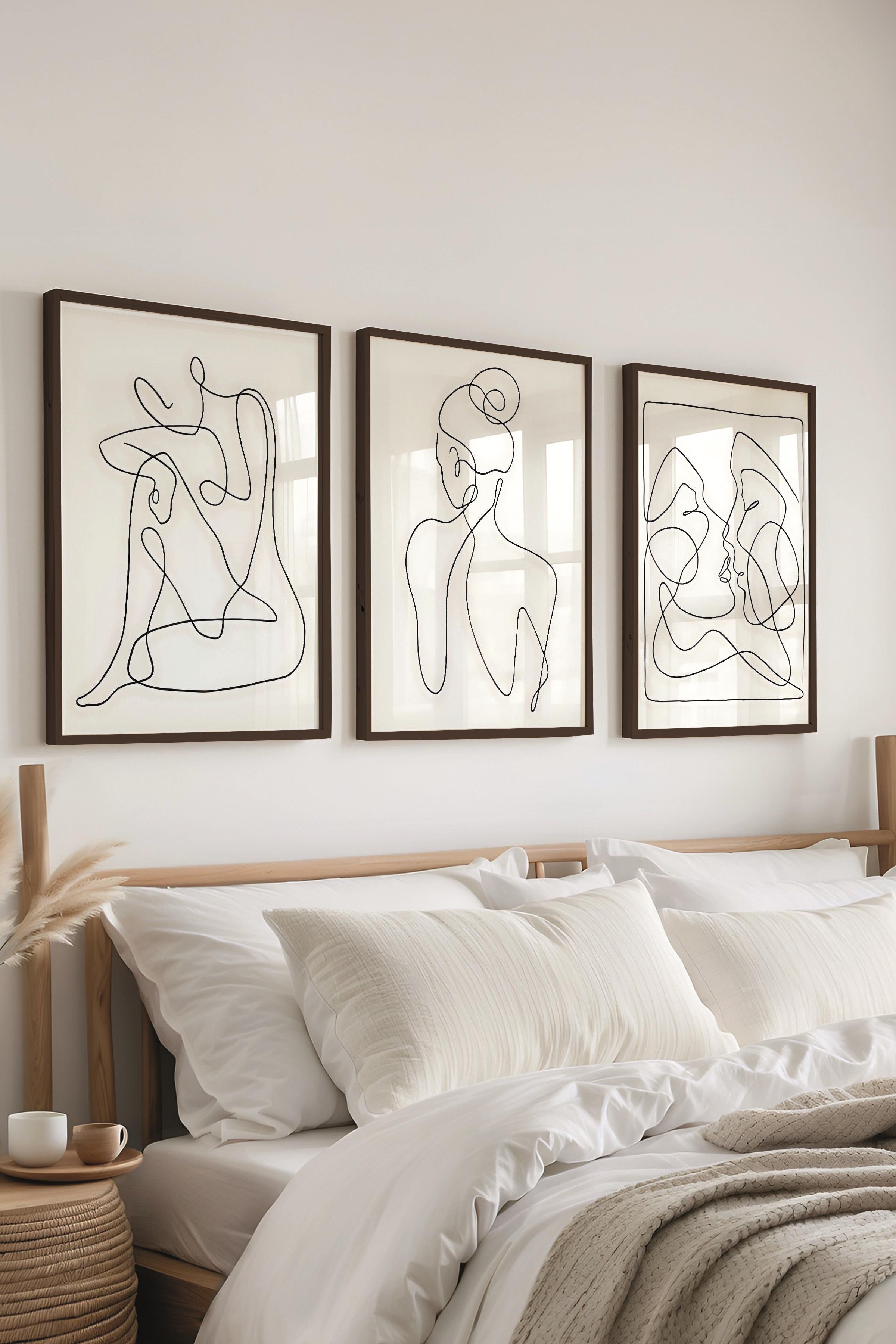Siyah Çerçeveli Tablo Seti, El Çizimi Kadın Figür Duvar Tablosu, 3 Adet Poster Seti, No:300776