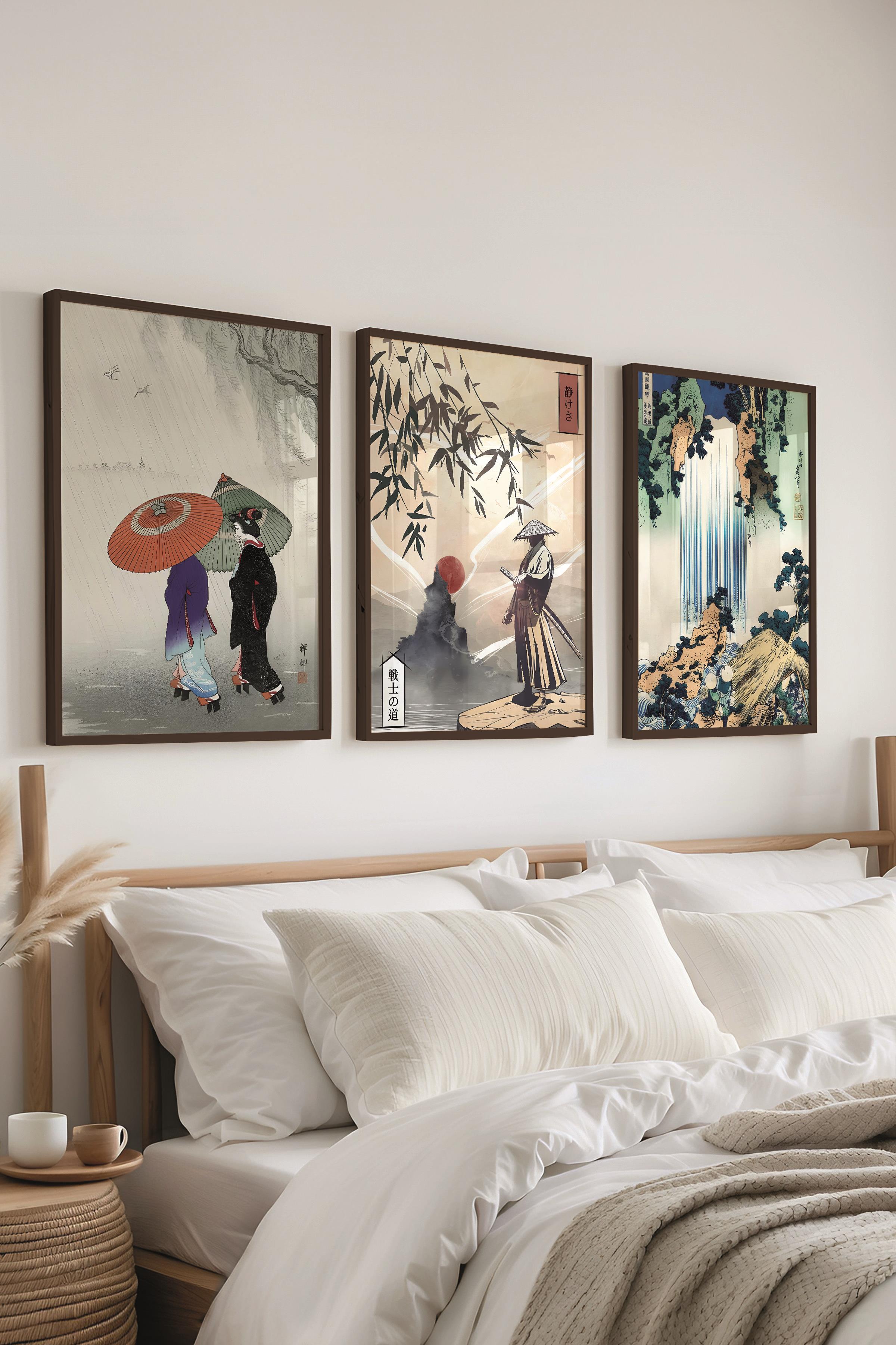 Siyah Çerçeveli Tablo Seti, Hokusai Duvar Tablosu, 3 Adet Poster Seti, No:300742
