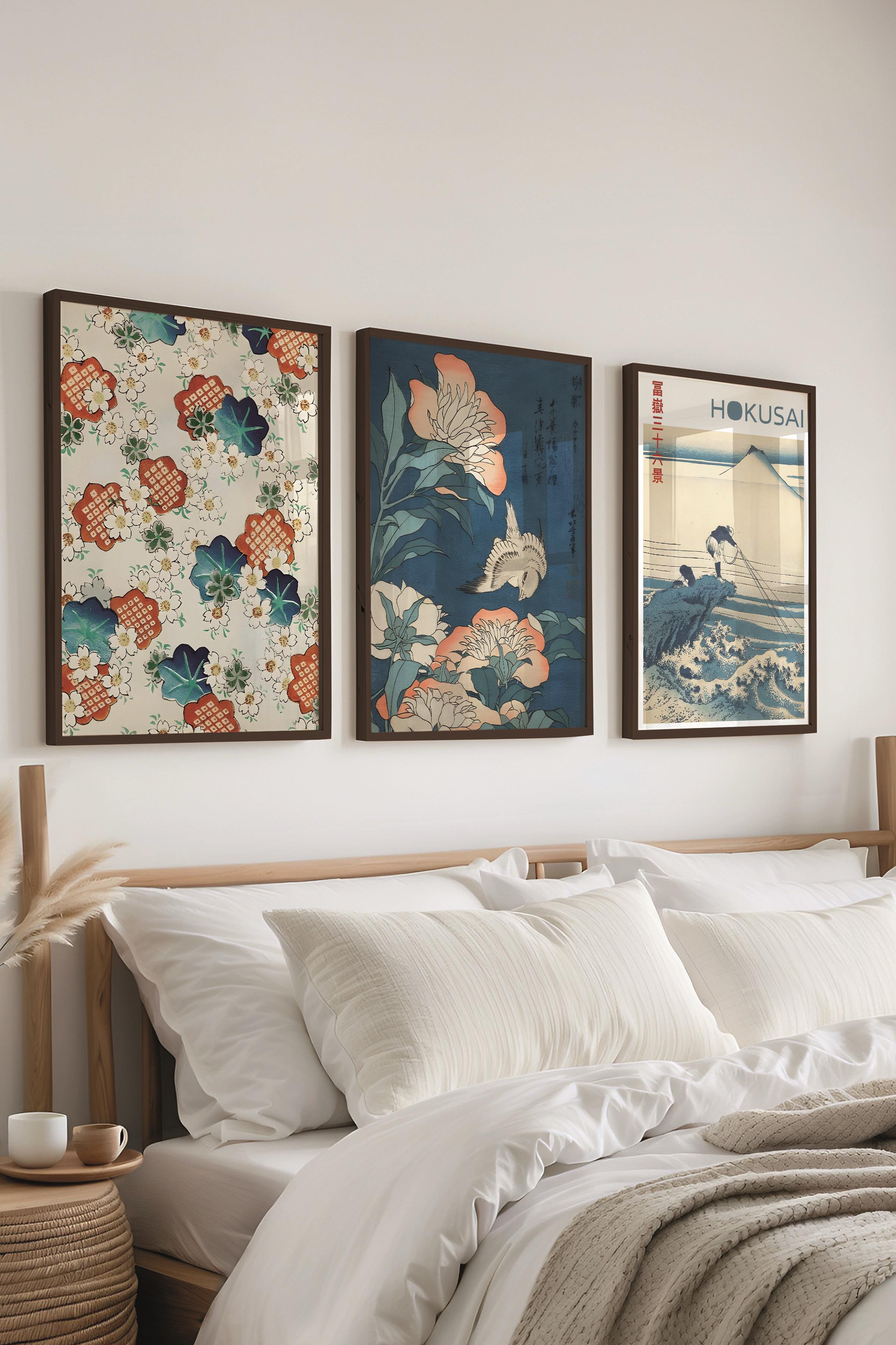Siyah Çerçeveli Tablo Seti, Hokusai Duvar Tablosu, 3 Adet Poster Seti, No:300762