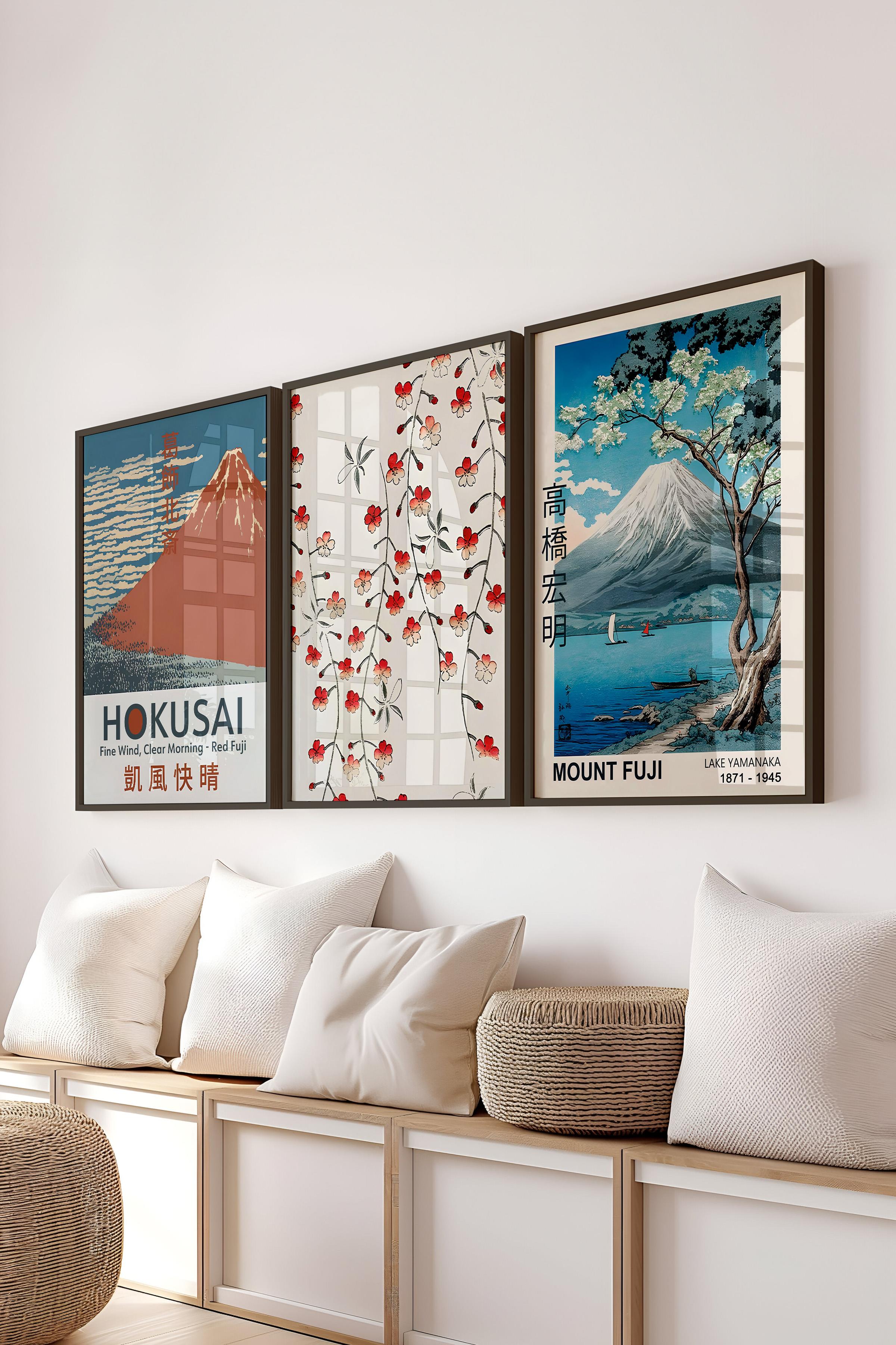 Siyah Çerçeveli Tablo Seti, Hokusai Duvar Tablosu, 3 Adet Poster Seti, No:300777