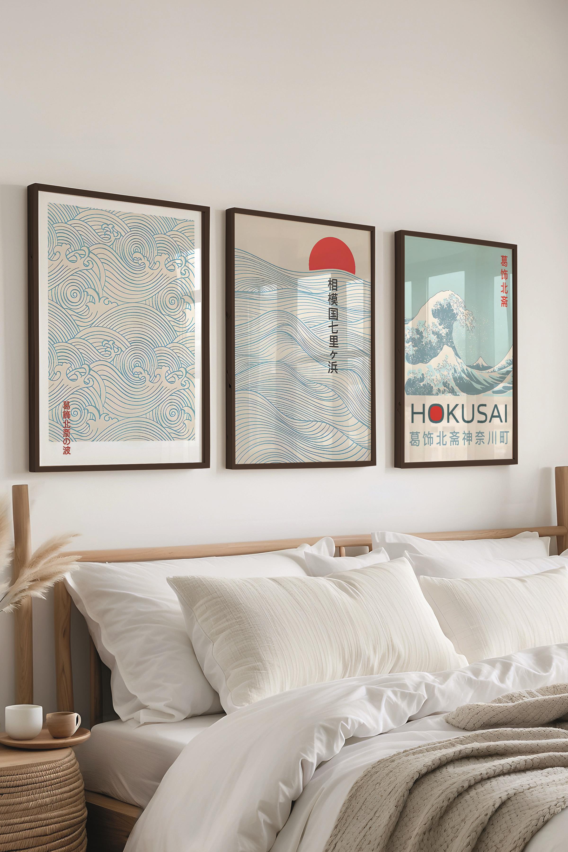 Siyah Çerçeveli Tablo Seti, Mavi Hokusai Duvar Tablosu, 3 Adet Poster Seti, No:300741