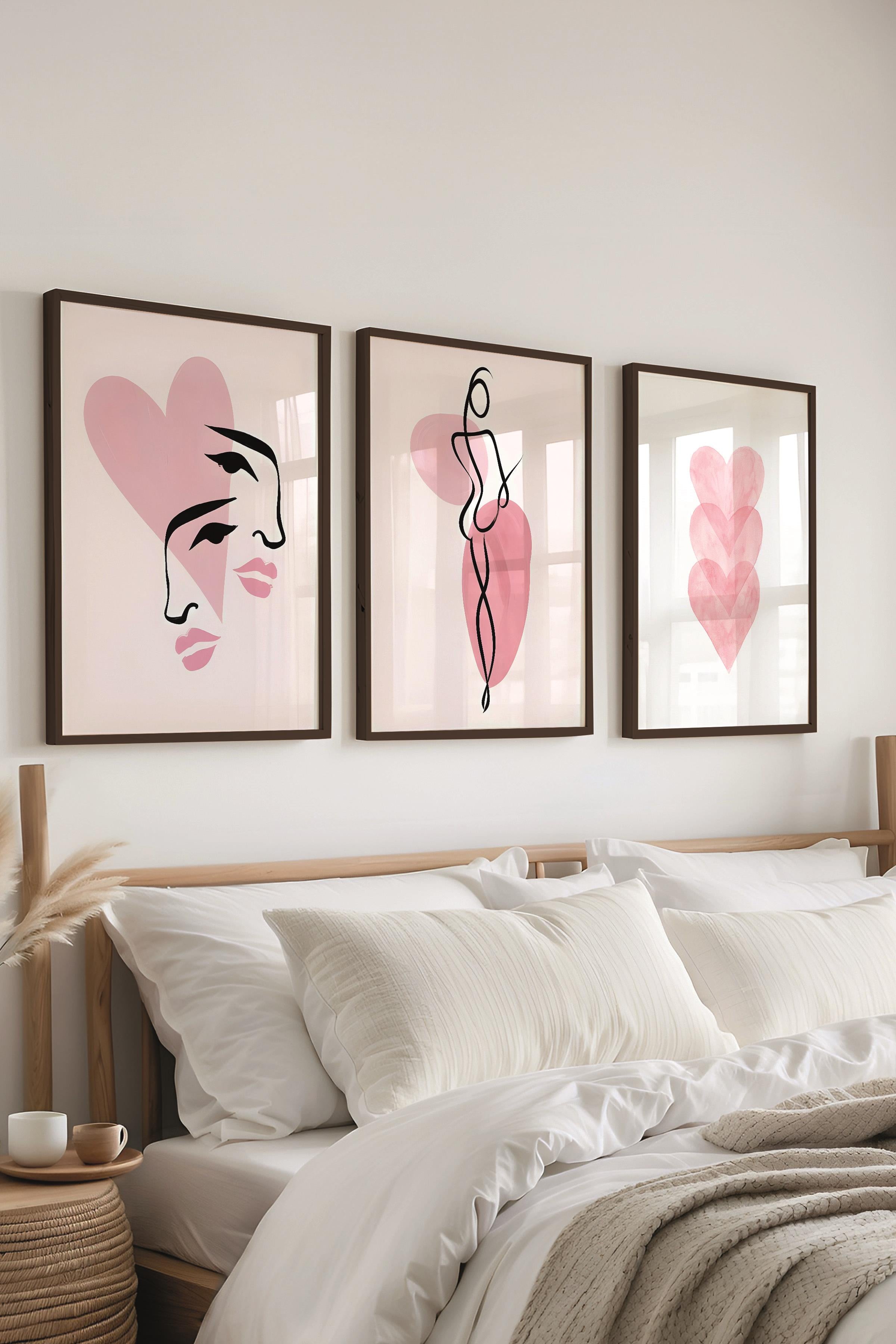 Siyah Çerçeveli Tablo Seti, Pembe Duvar Tablosu, 3 Adet Poster Seti, No:300749