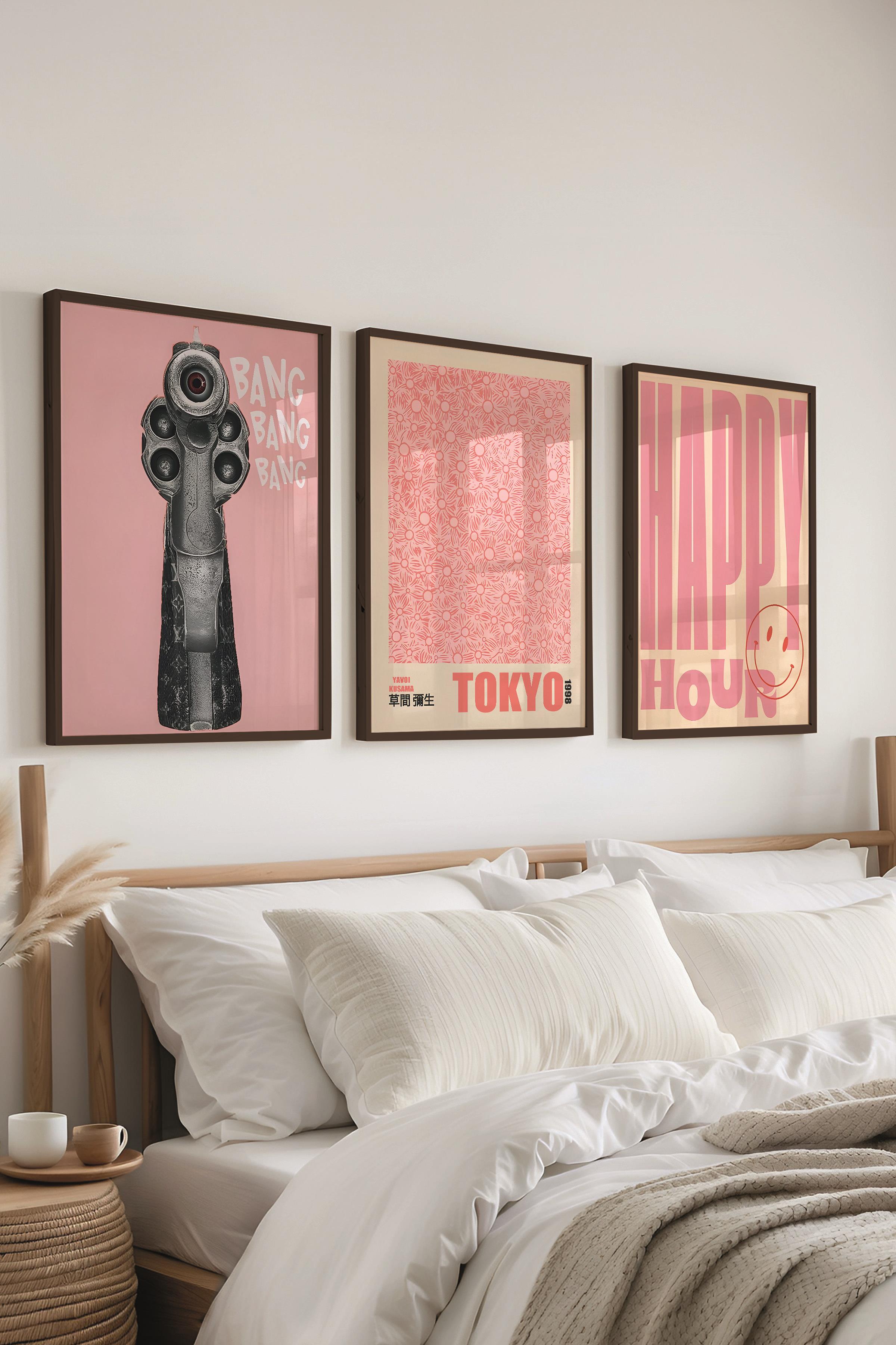 Siyah Çerçeveli Tablo Seti, Pembe Duvar Tablosu, 3 Adet Poster Seti, No:300755