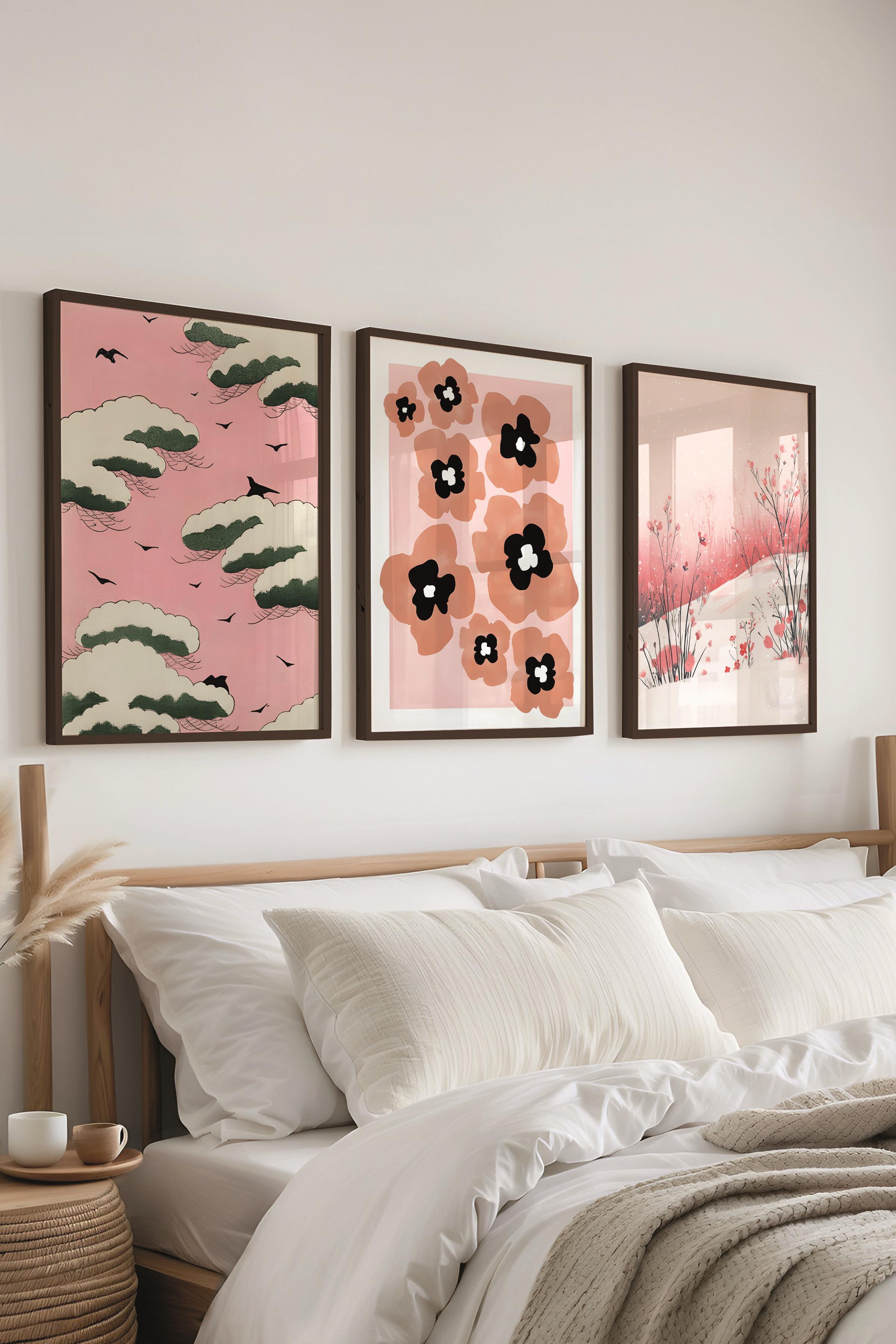 Siyah Çerçeveli Tablo Seti, Pembe Karma Duvar Tablosu, 3 Adet Poster Seti, No:300781