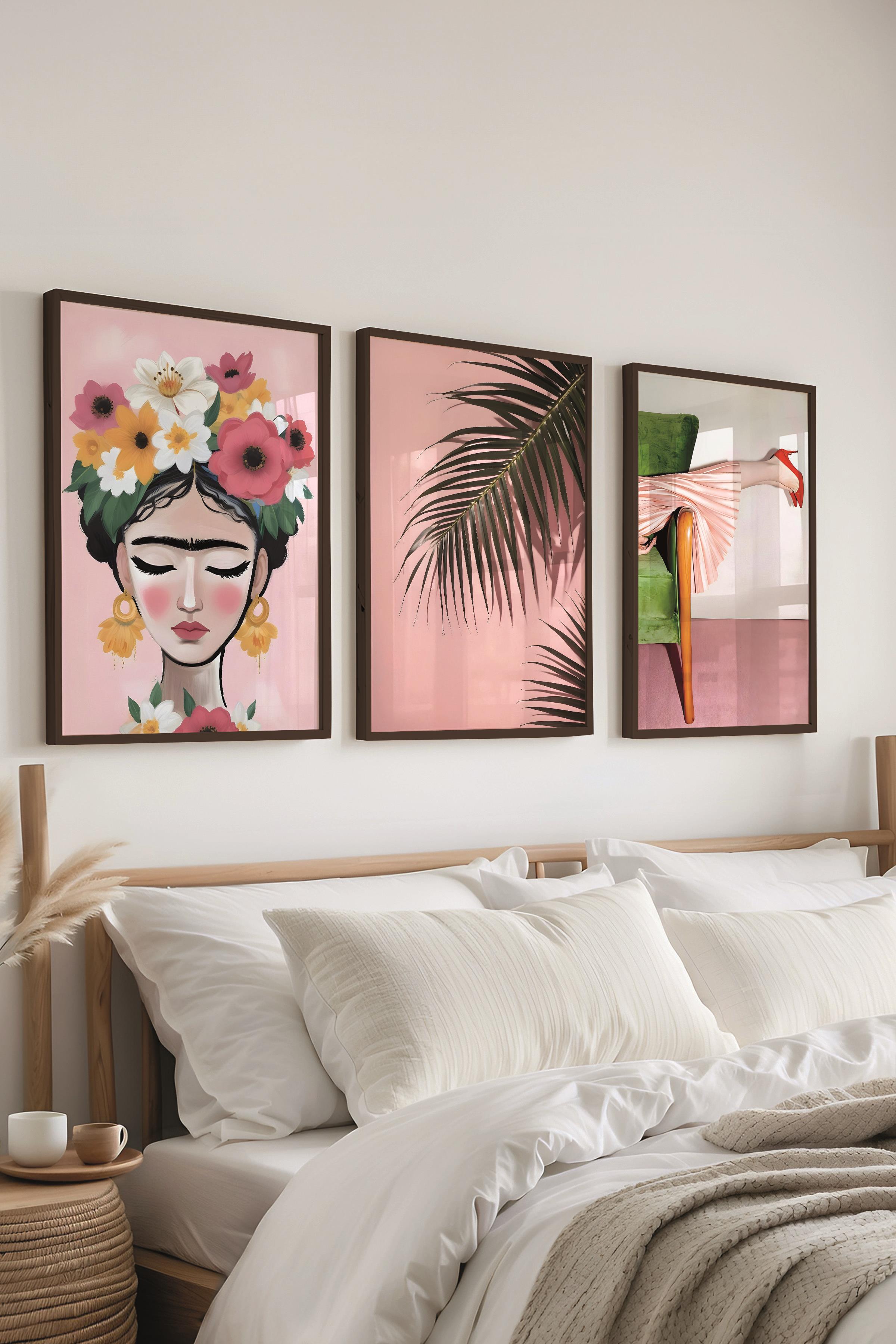 Siyah Çerçeveli Tablo Seti, Pembe Maximalist Duvar Tablosu, 3 Adet Poster Seti, No:300782