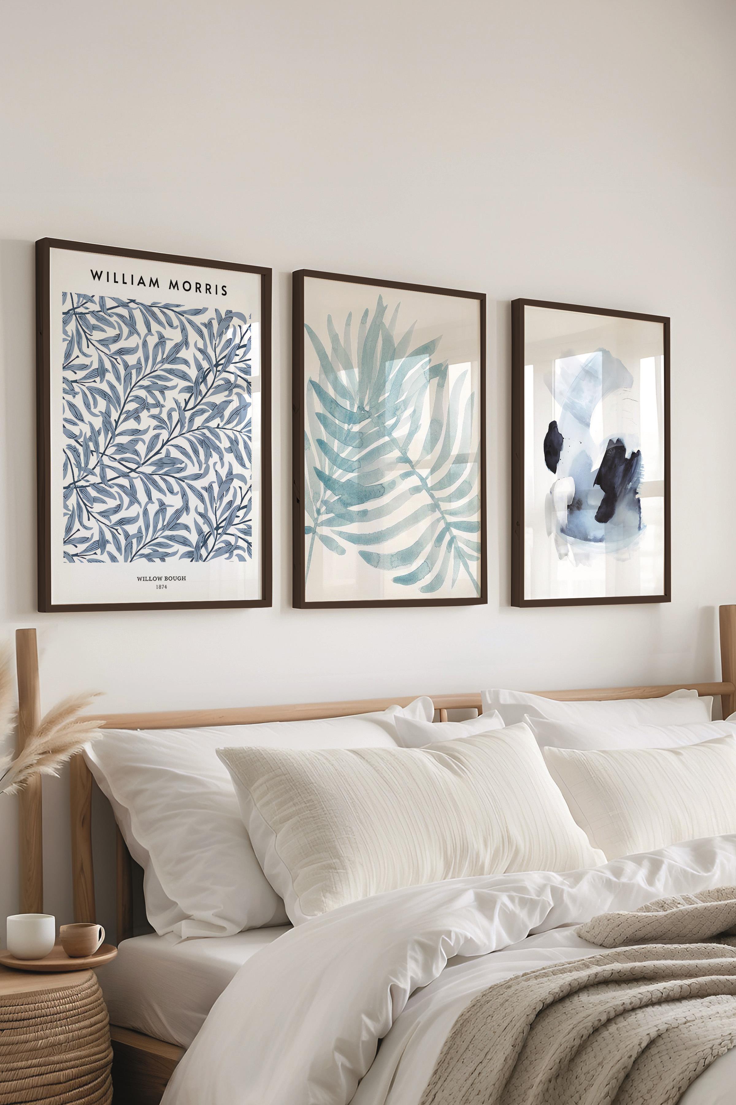 Siyah Çerçeveli Tablo Seti, Soft Mavi William Morris Duvar Tablosu, 3 Adet Poster Seti, No:300786