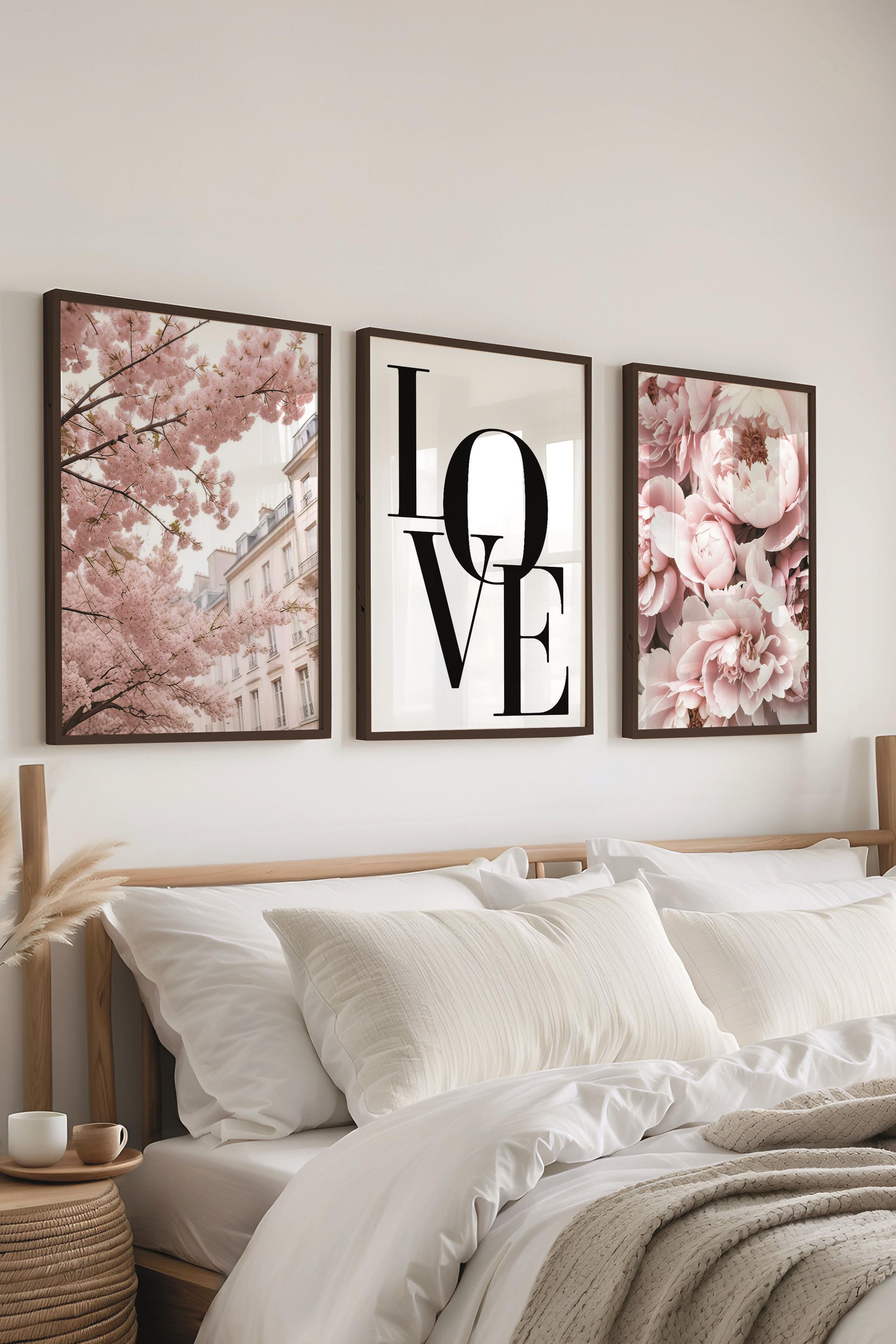 Siyah Çerçeveli Tablo Seti, Soft Pembe Duvar Tablosu, 3 Adet Poster Seti, No:300709