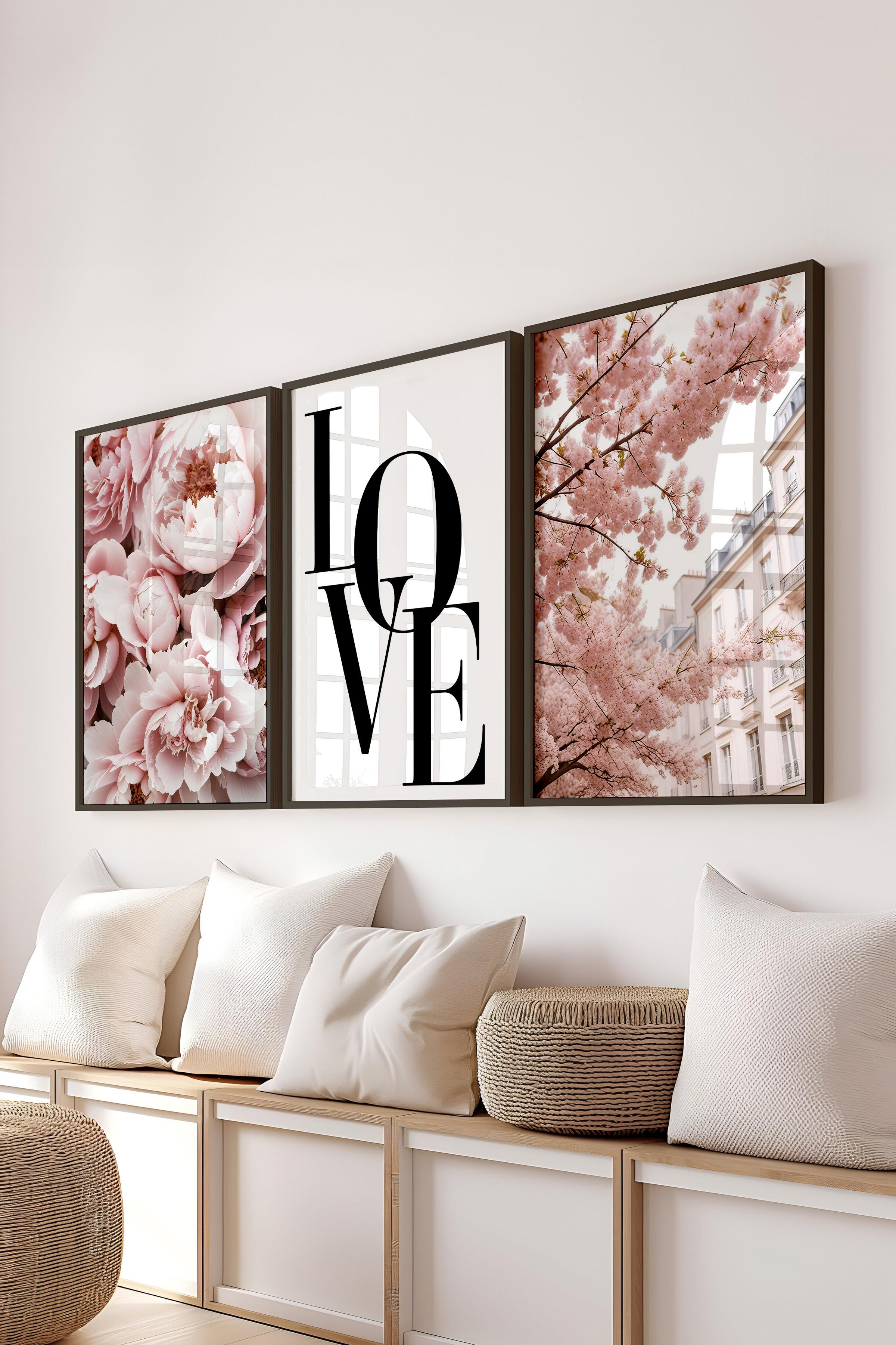 Siyah Çerçeveli Tablo Seti, Soft Pembe Duvar Tablosu, 3 Adet Poster Seti, No:300709