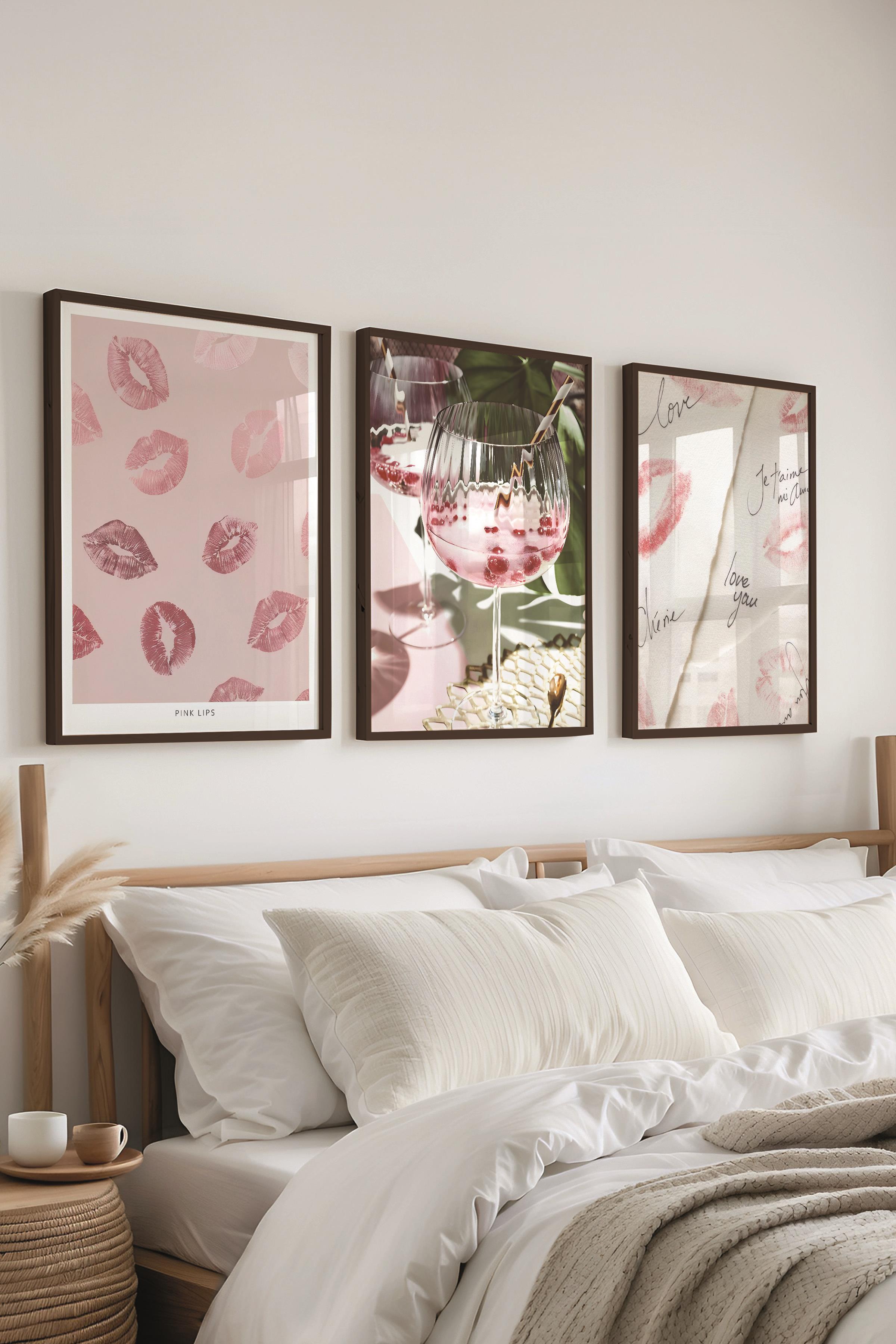 Siyah Çerçeveli Tablo Seti, Soft Pembe Duvar Tablosu, 3 Adet Poster Seti, No:300715
