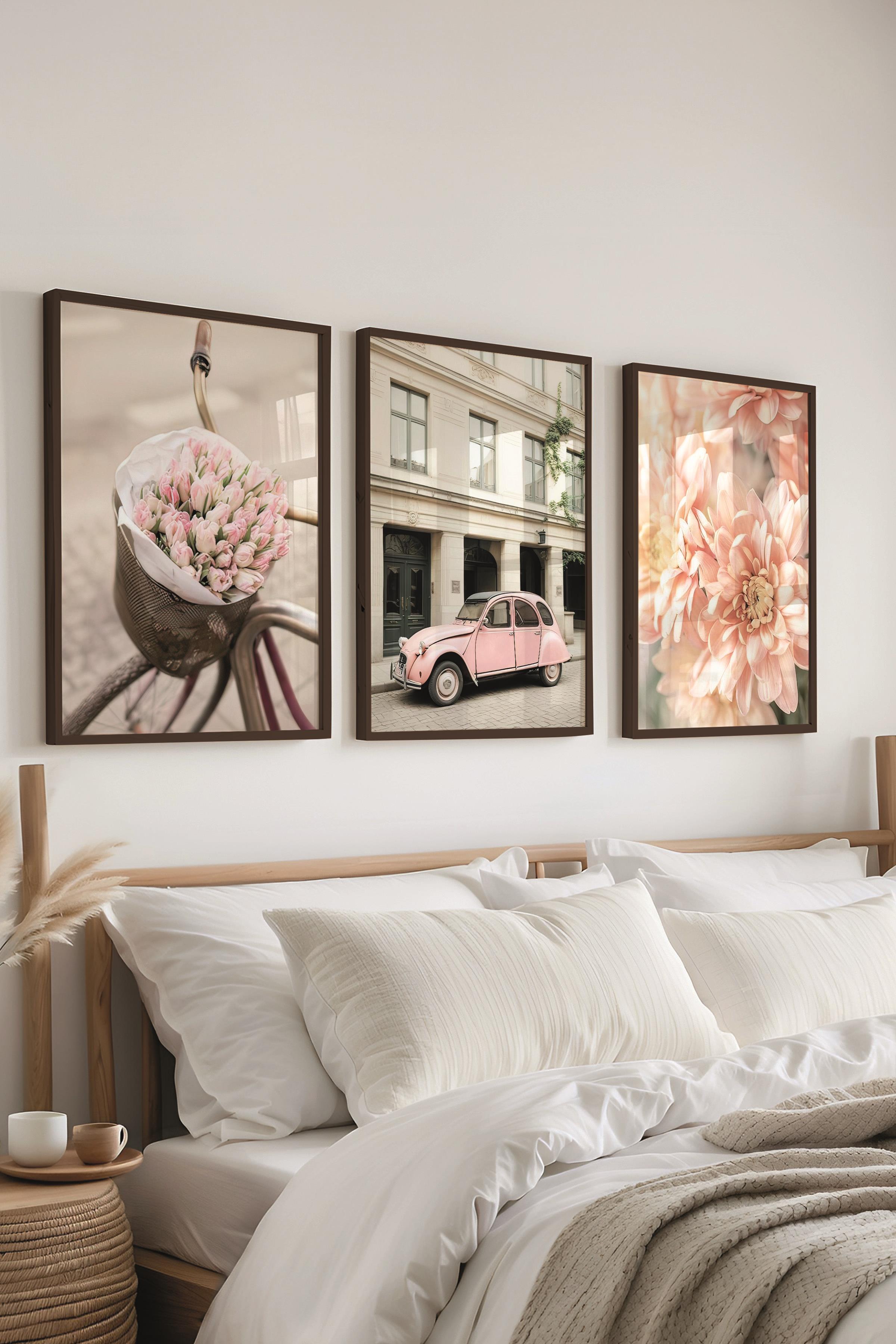 Siyah Çerçeveli Tablo Seti, Soft Pembe Duvar Tablosu, 3 Adet Poster Seti, No:300718