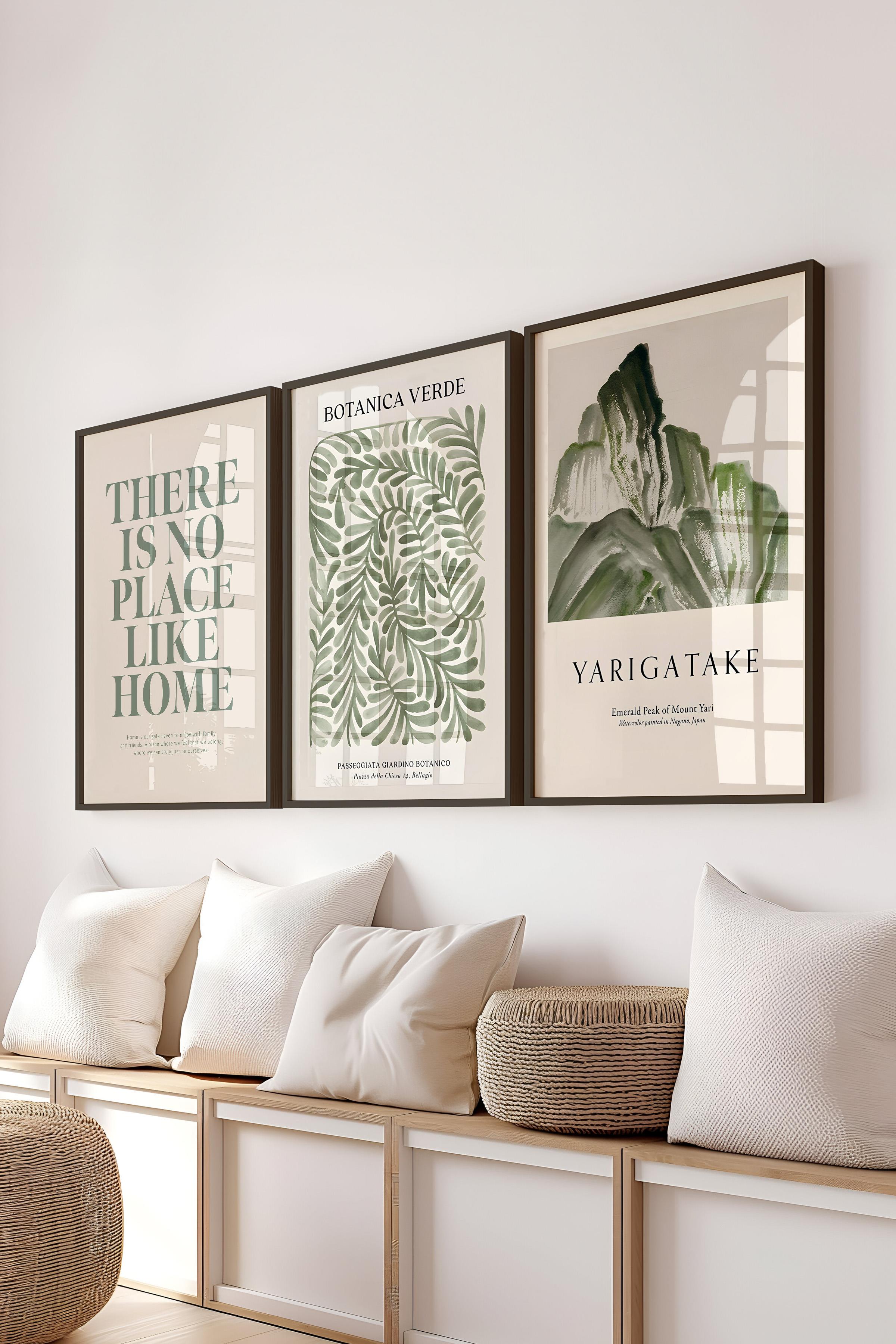 Siyah Çerçeveli Tablo Seti, Soft Yeşil Duvar Tablosu, 3 Adet Poster Seti, No:300770