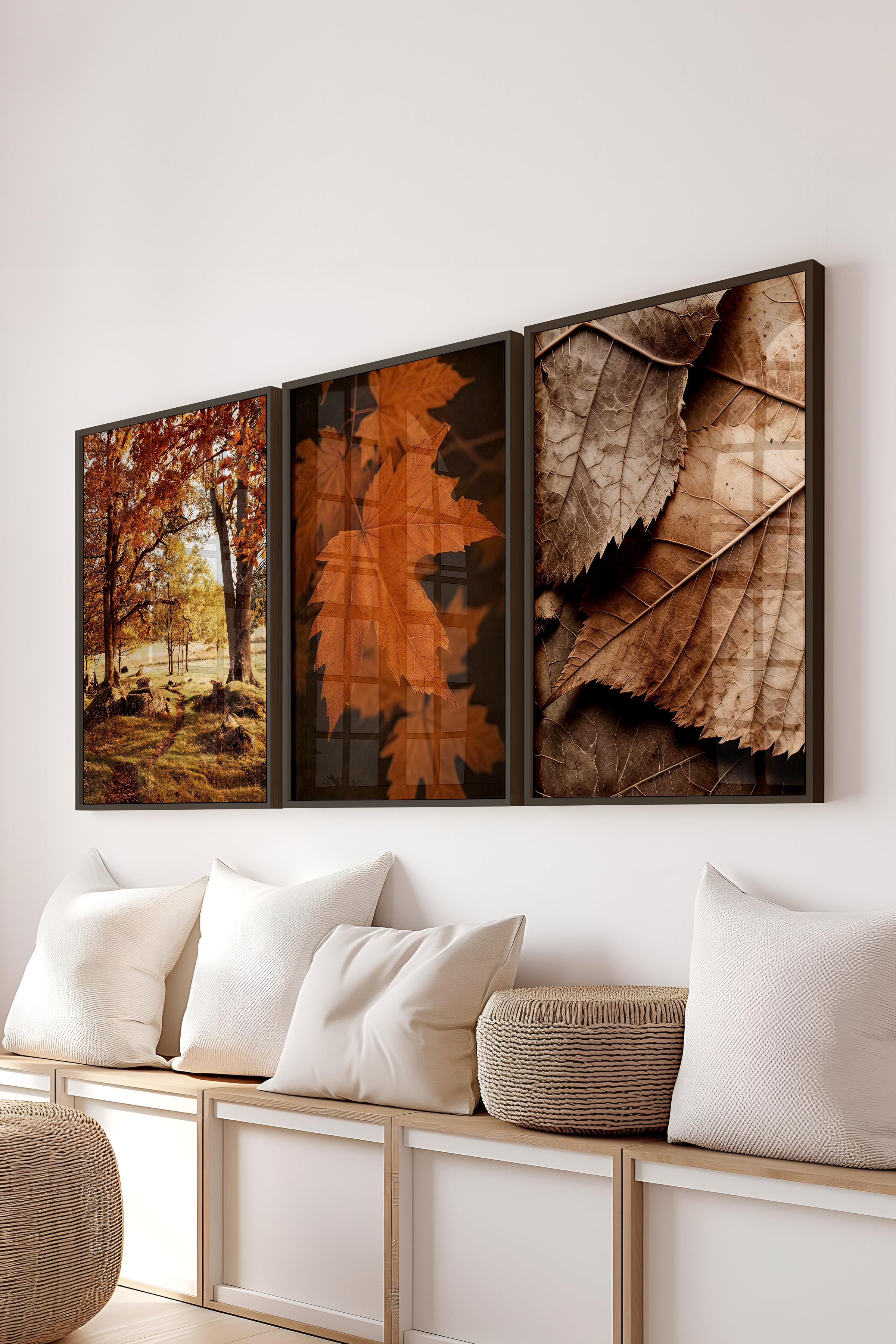 Siyah Çerçeveli Tablo Seti, Sonbahar Fotoğrafları Duvar Tablosu, 3 Adet Poster Seti, No:300706