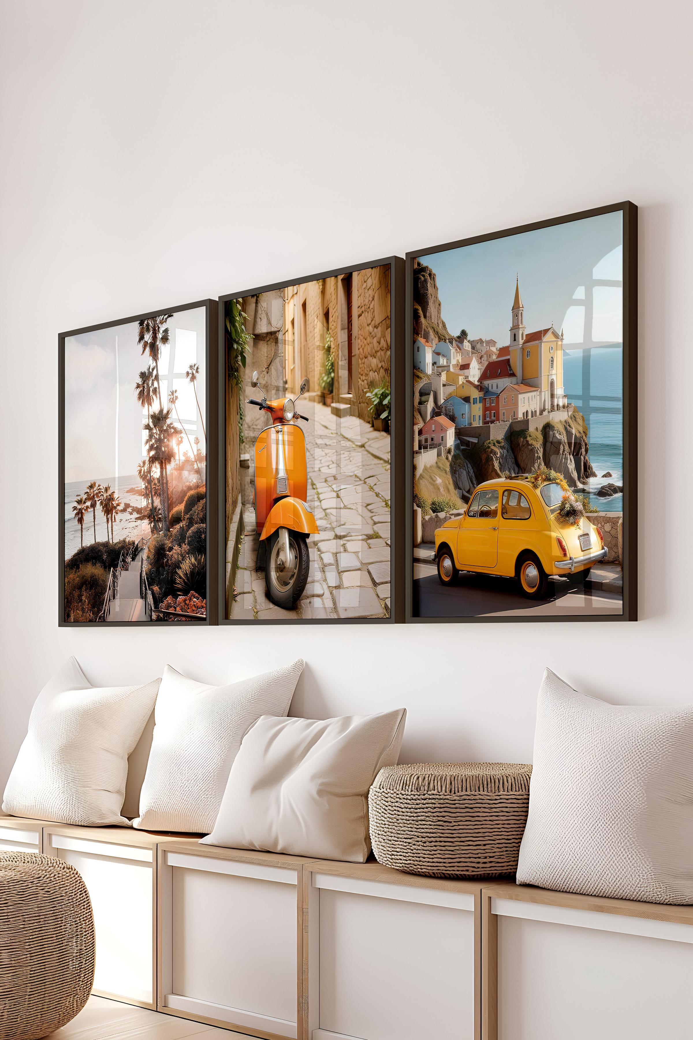 Siyah Çerçeveli Tablo Seti, Vespa ve Gezi Duvar Tablosu, 3 Adet Poster Seti, No:300701