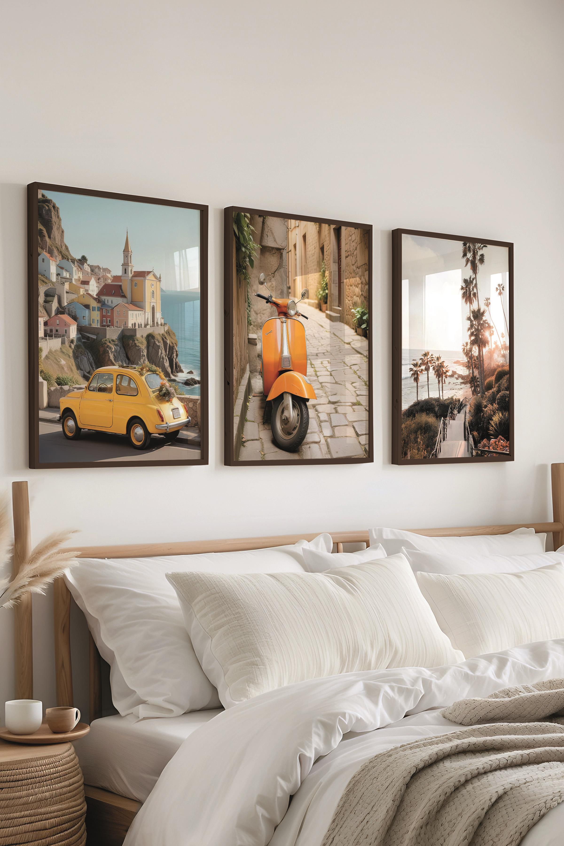 Siyah Çerçeveli Tablo Seti, Vespa ve Gezi Duvar Tablosu, 3 Adet Poster Seti, No:300701