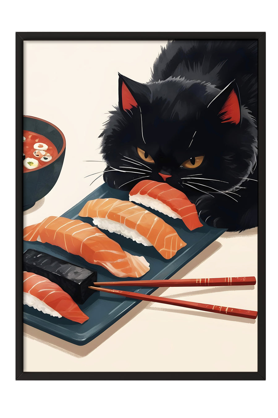 Kedi ve Suşi Poster – Siyah Çerçeveli Tablo