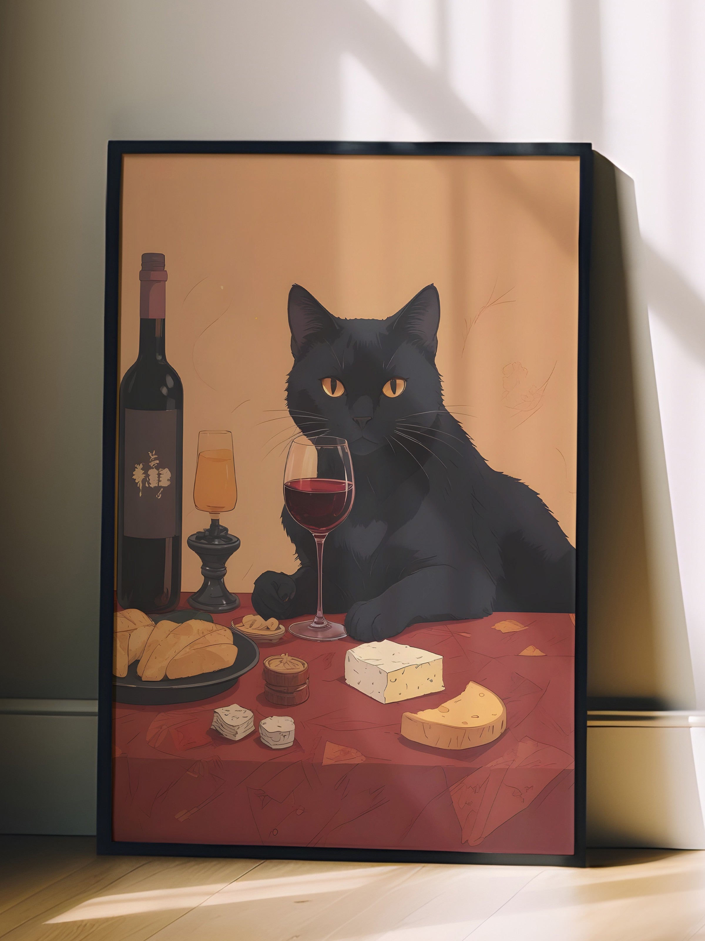 Siyah Çerçeveli Tablo, Wine & Cat, Comfort Serisi Mutfak Duvar Tablosu, NO:109060