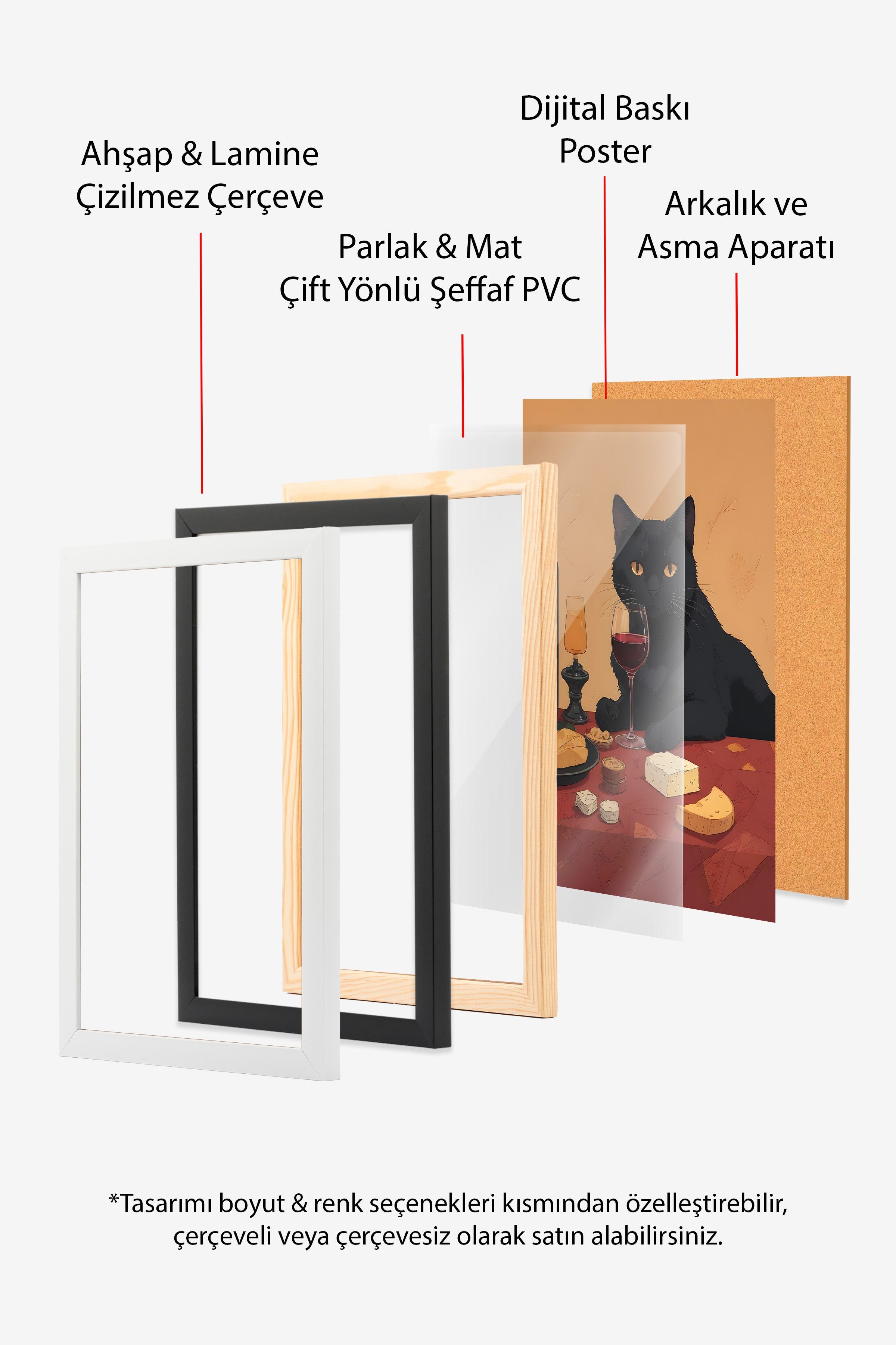 Siyah Çerçeveli Tablo, Wine & Cat, Comfort Serisi Mutfak Duvar Tablosu, NO:109060
