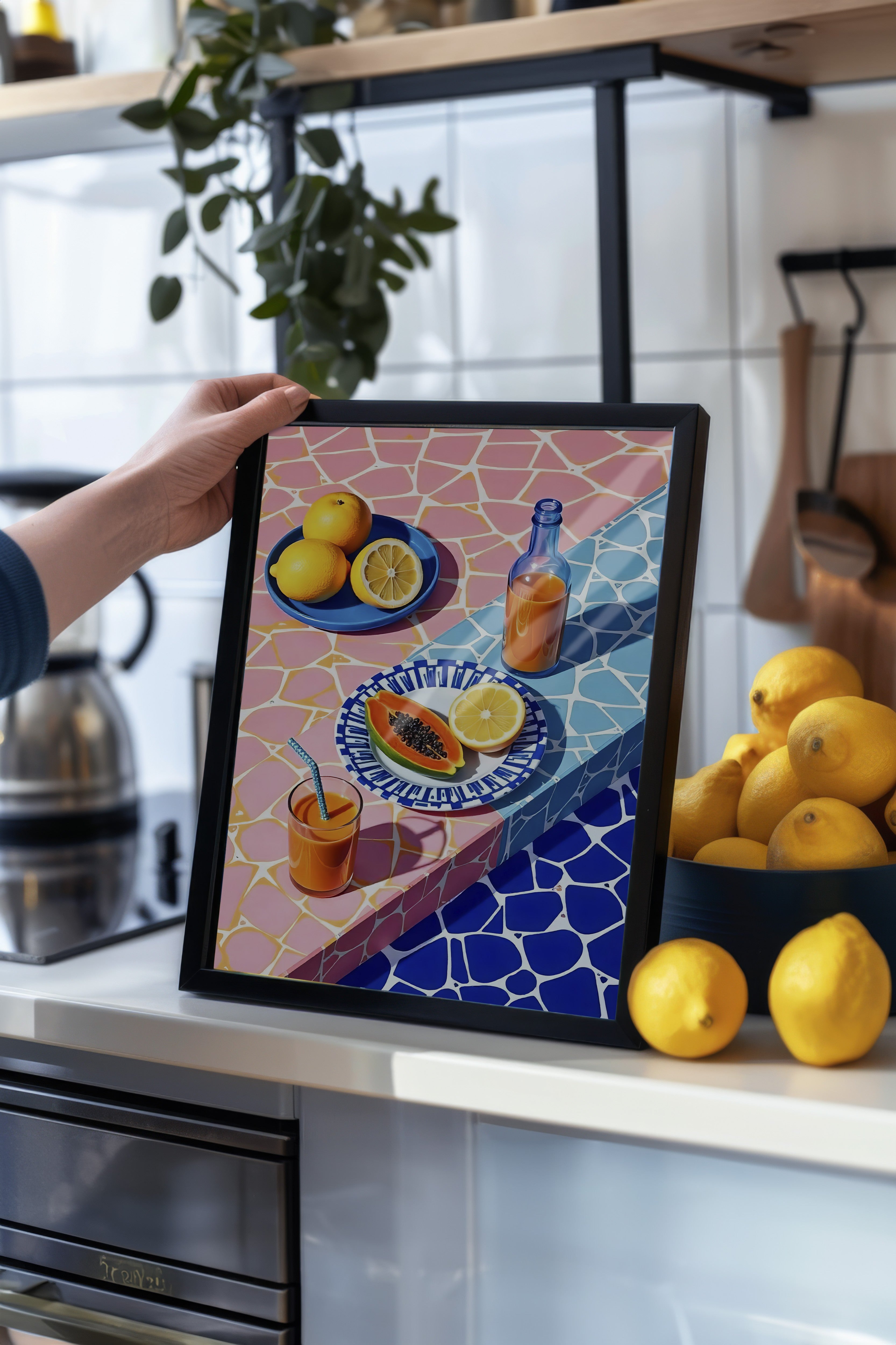 Siyah Çerçeveli Tablo, Yaz Havası, İllüstrasyon, Maximalist, Mavi Renk Poster, 2025 Yaz Seçkisi, NO:109782