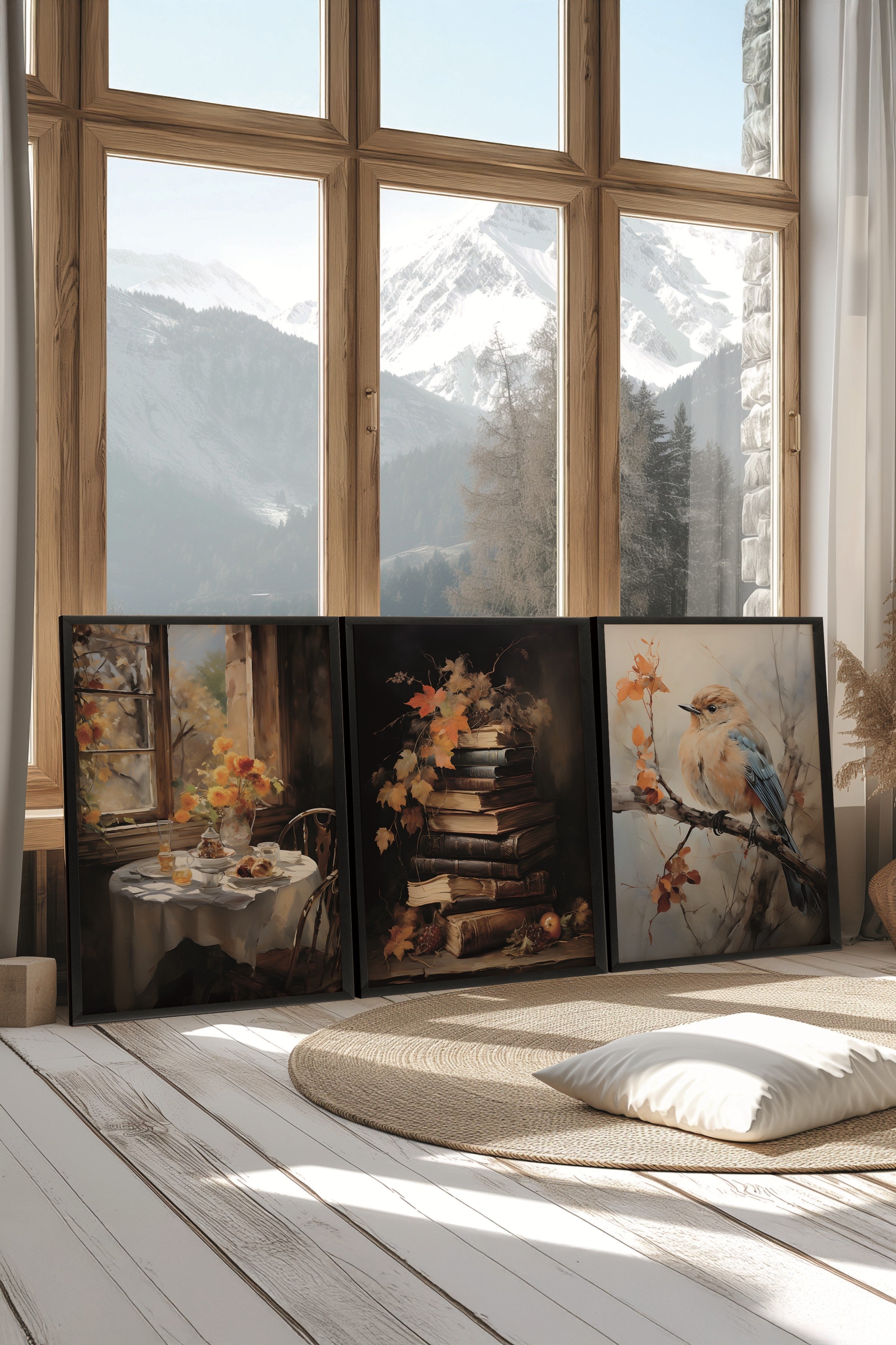 Siyah Tablo Seti, 3 Adet Siyah Çerçeveli Poster Autumn Birds Model No:300875, Kahverengi ve Turuncu