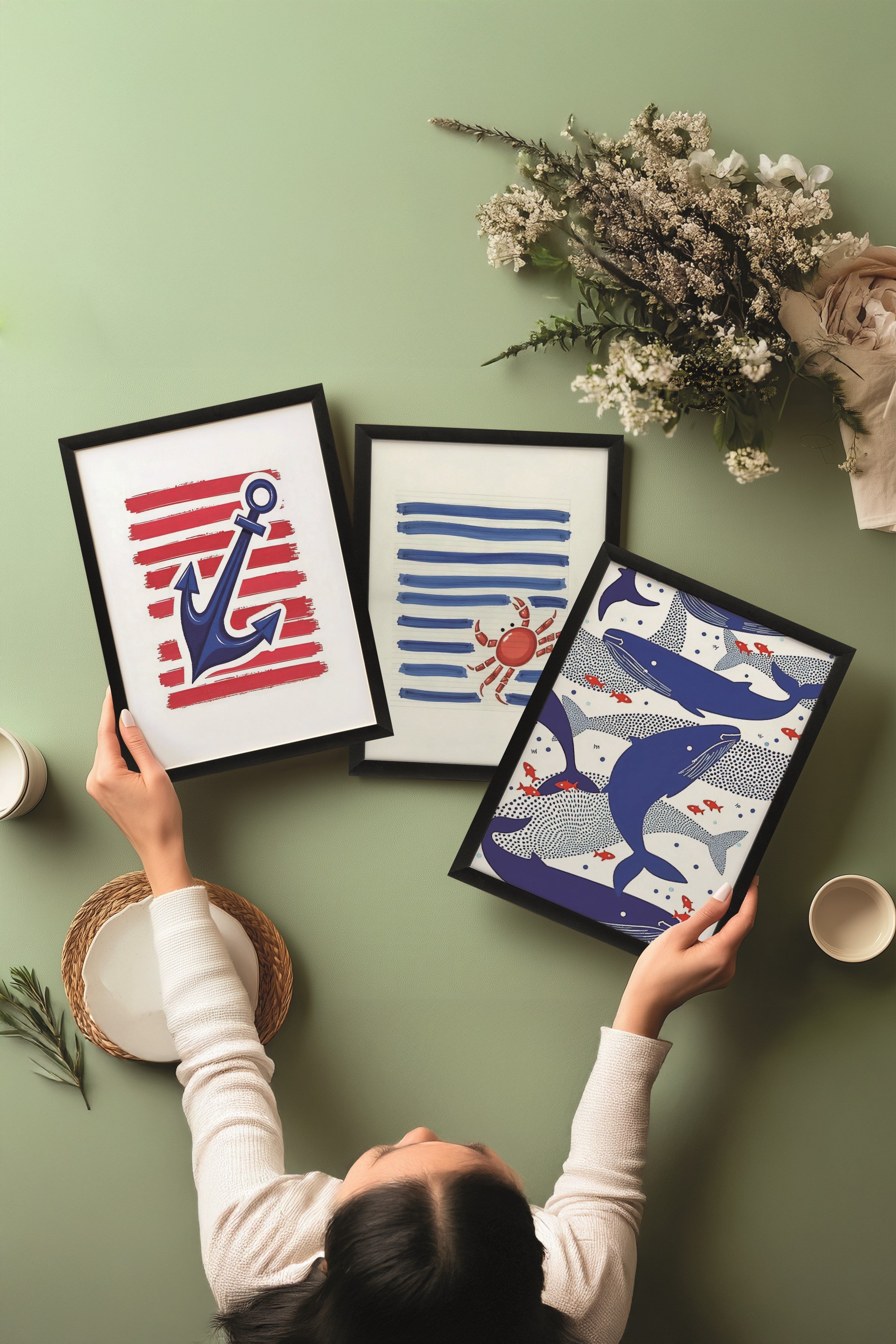 Siyah Tablo Seti, 3 Adet Siyah Çerçeveli Poster Blue Whale Model No:300851, Mavi Duvar Dekoru