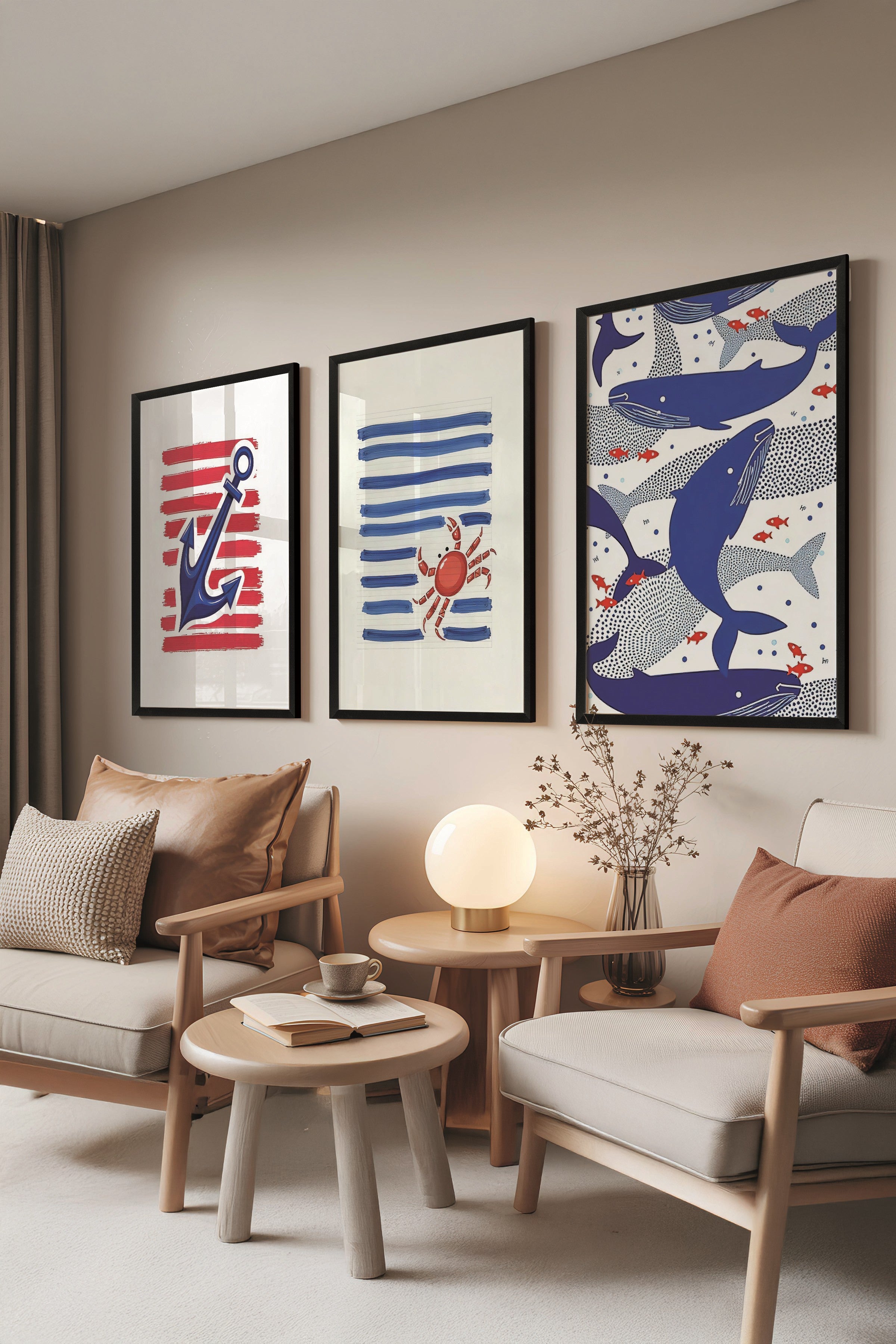 Siyah Tablo Seti, 3 Adet Siyah Çerçeveli Poster Blue Whale Model No:300851, Mavi Duvar Dekoru