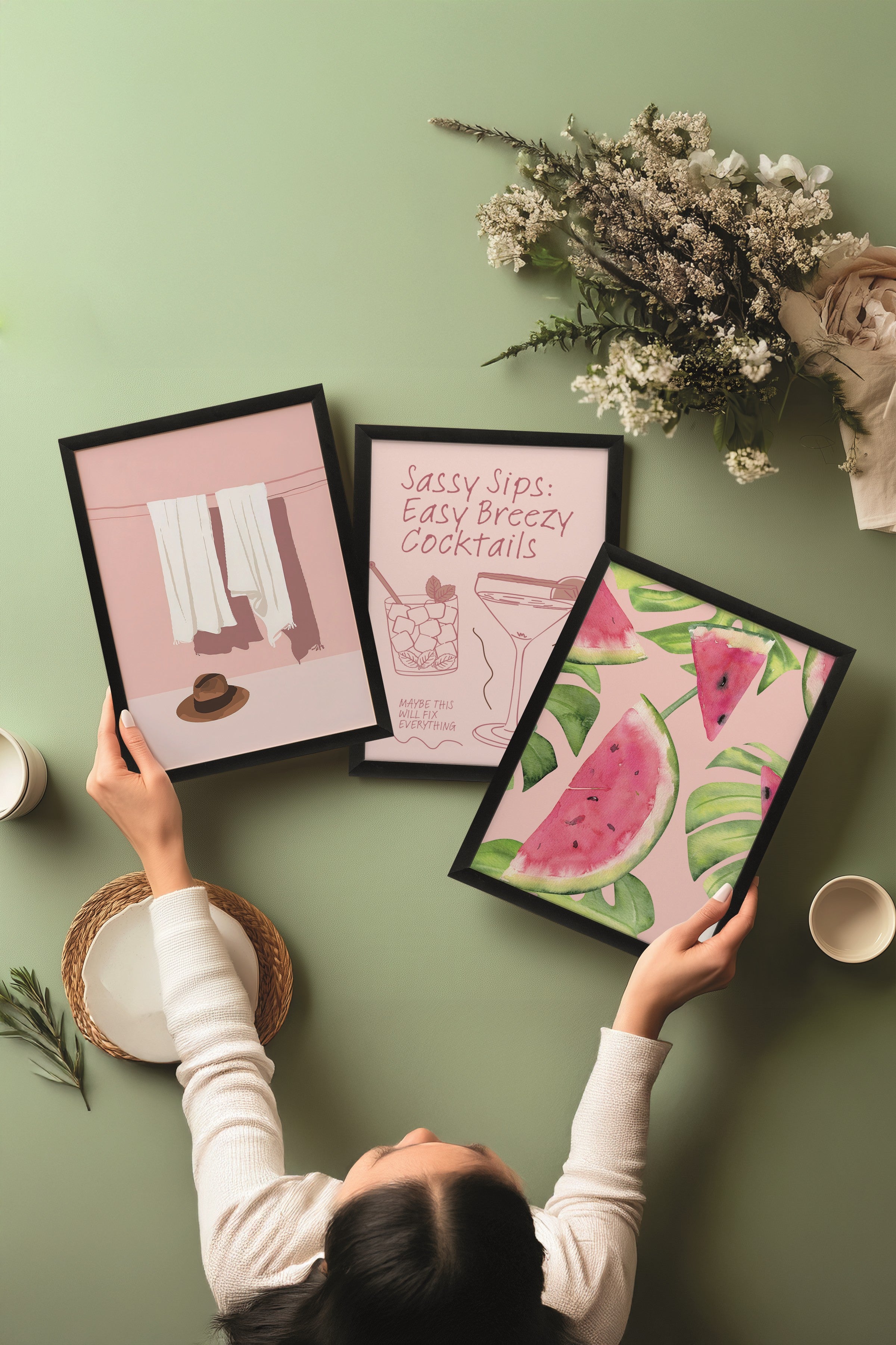Siyah Tablo Seti, 3 Adet Siyah Çerçeveli Poster Easy Breezy Model No:300844, Pembe Duvar Dekoru