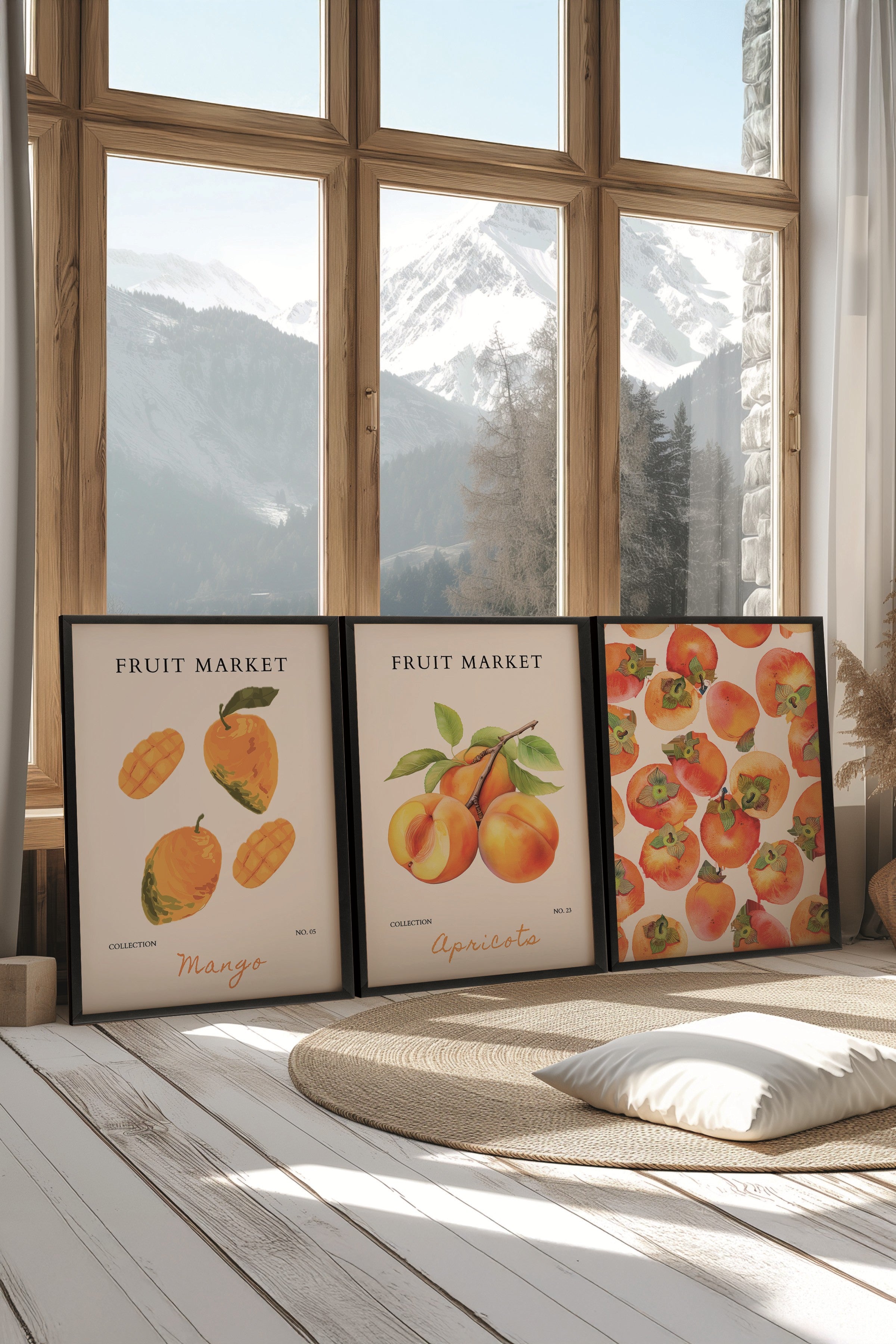 Siyah Tablo Seti, 3 Adet Siyah Çerçeveli Poster Fruit Market Model No:300881, Turuncu Duvar Dekoru