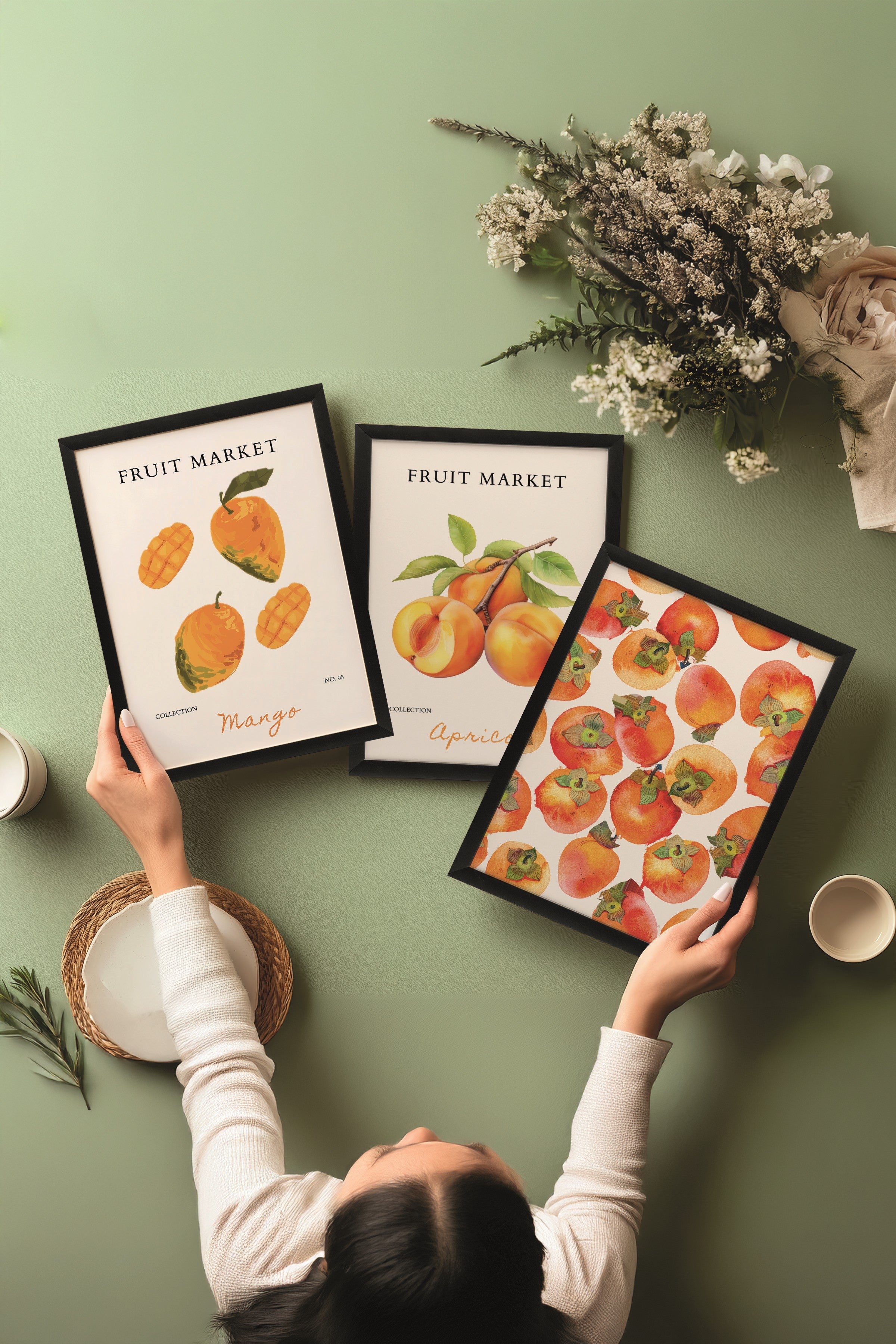 Siyah Tablo Seti, 3 Adet Siyah Çerçeveli Poster Fruit Market Model No:300881, Turuncu Duvar Dekoru