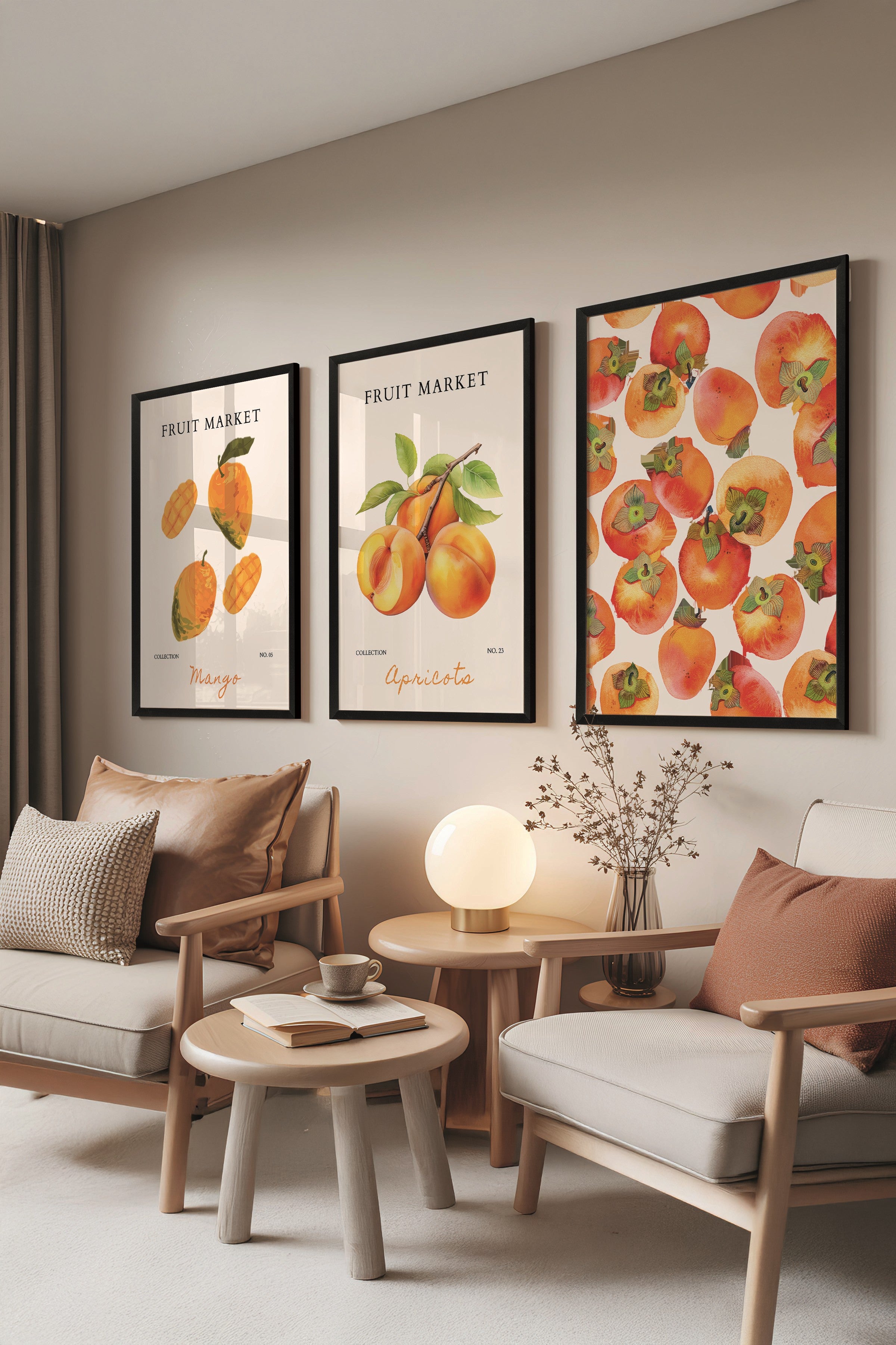 Siyah Tablo Seti, 3 Adet Siyah Çerçeveli Poster Fruit Market Model No:300881, Turuncu Duvar Dekoru