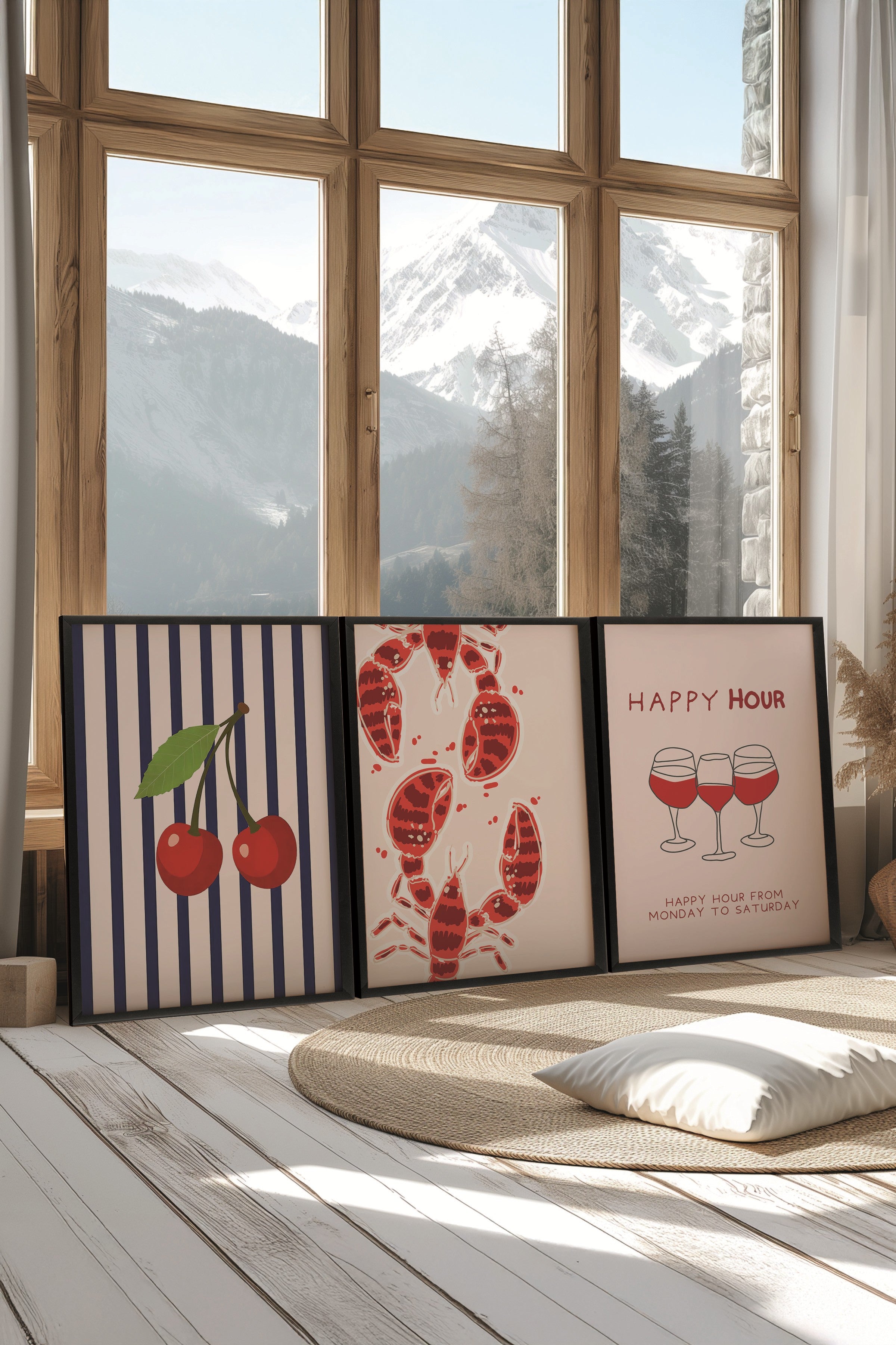 Siyah Tablo Seti, 3 Adet Siyah Çerçeveli Poster Happy Hour Model No:300841, Kırmızı Duvar Dekoru