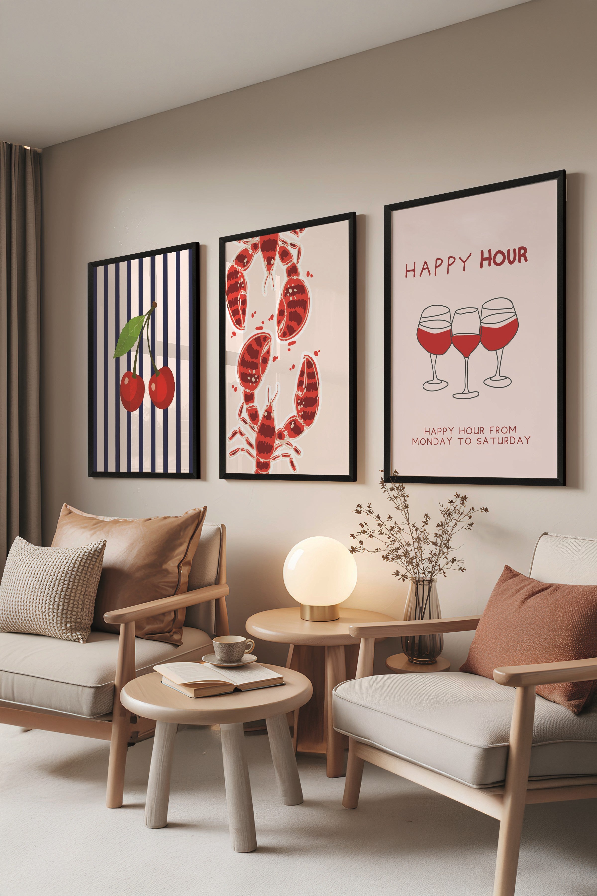 Siyah Tablo Seti, 3 Adet Siyah Çerçeveli Poster Happy Hour Model No:300841, Kırmızı Duvar Dekoru