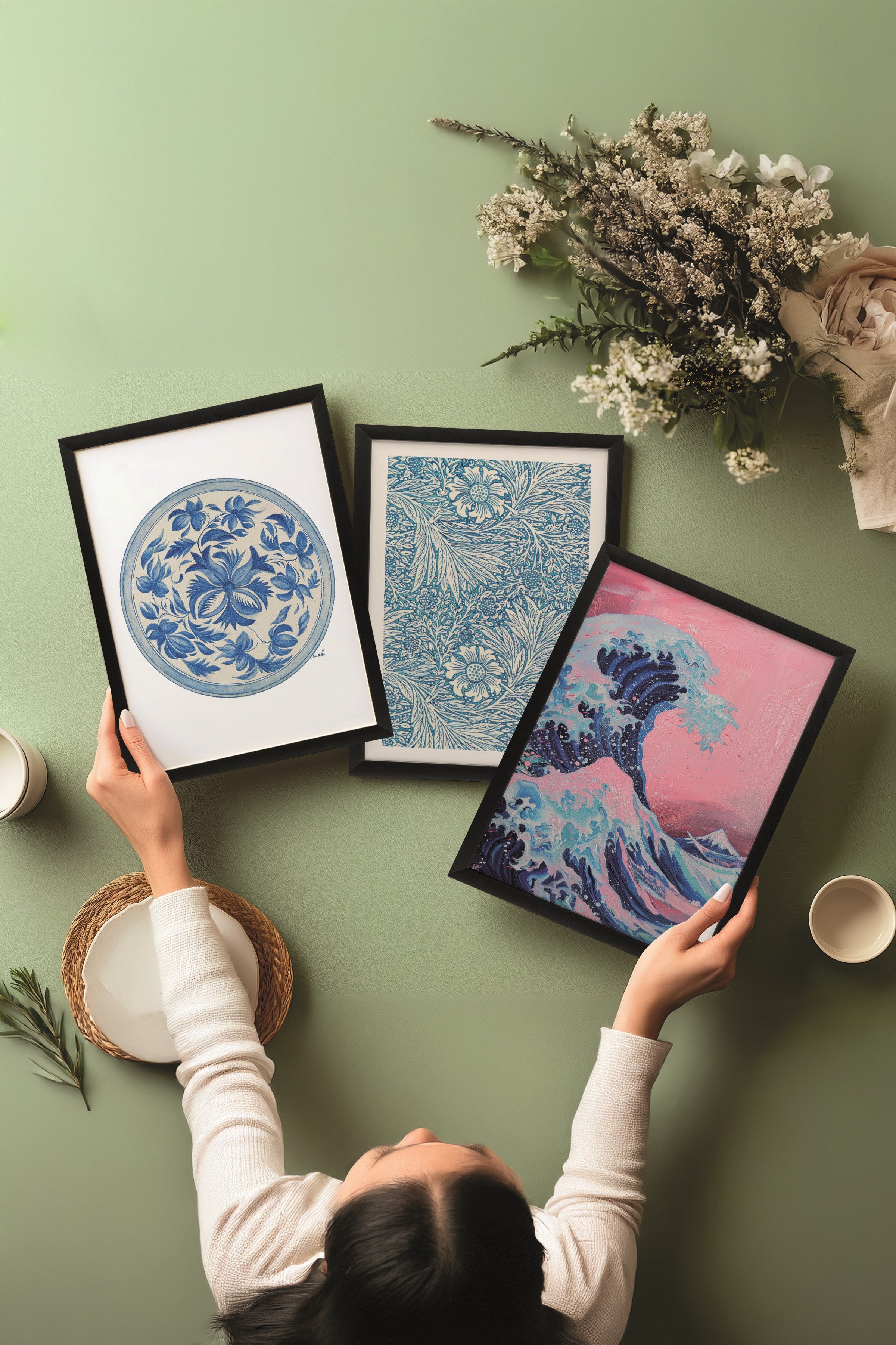 Siyah Tablo Seti, 3 Adet Siyah Çerçeveli Poster Hokusai Waves Model No:300866, Pembe Duvar Dekor