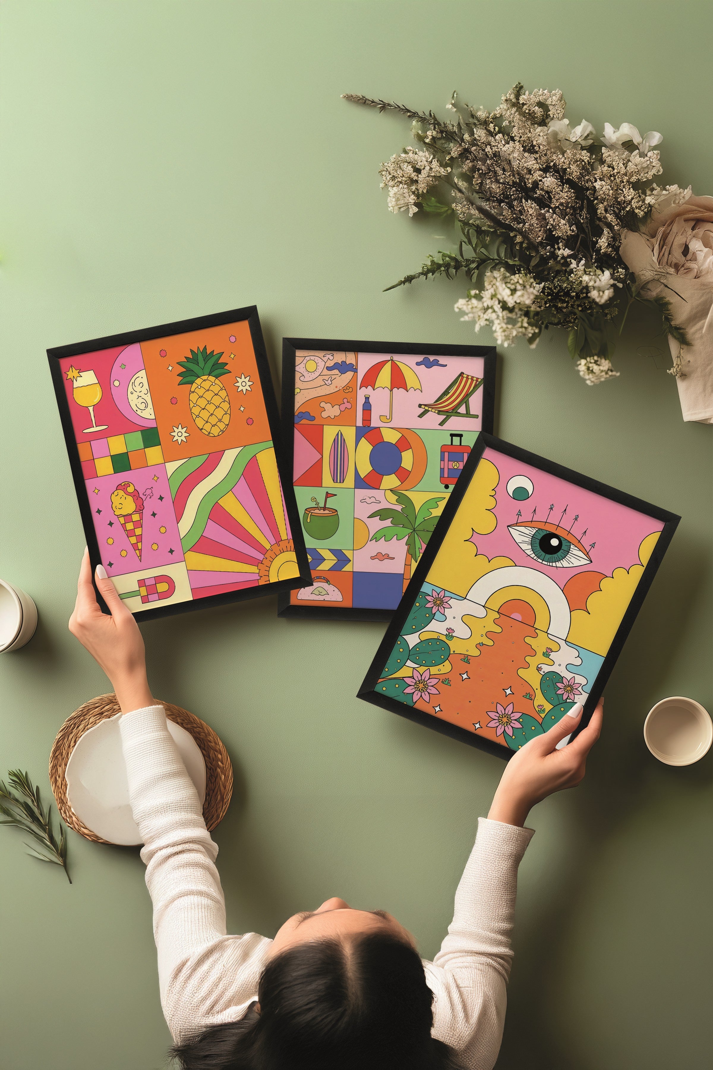 Siyah Tablo Seti, 3 Adet Siyah Çerçeveli Poster İndie Summer Model No:300839, Renkli Duvar Dekoru