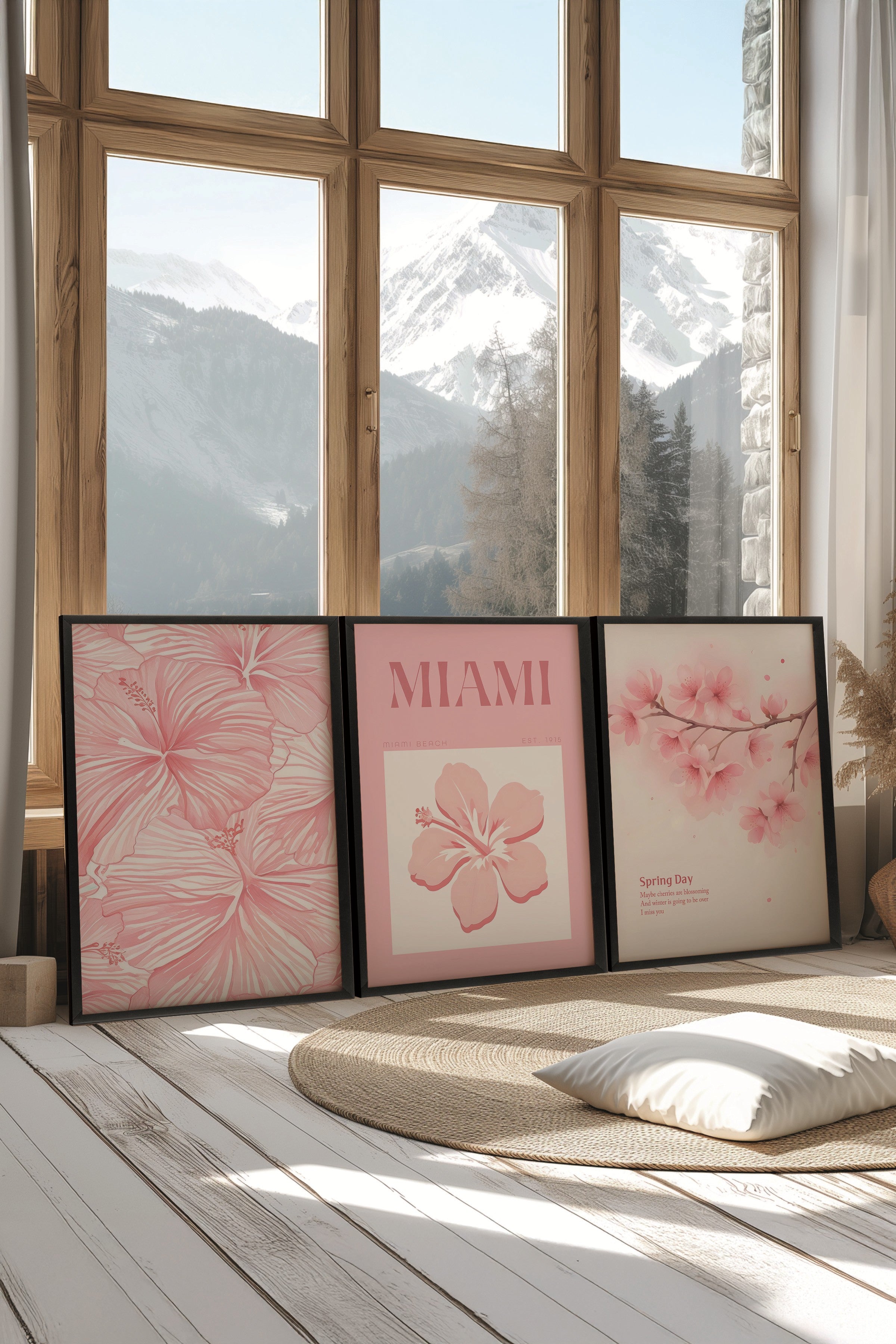 Siyah Tablo Seti, 3 Adet Siyah Çerçeveli Poster Miami Model No:300799, Pembe Duvar Dekoru