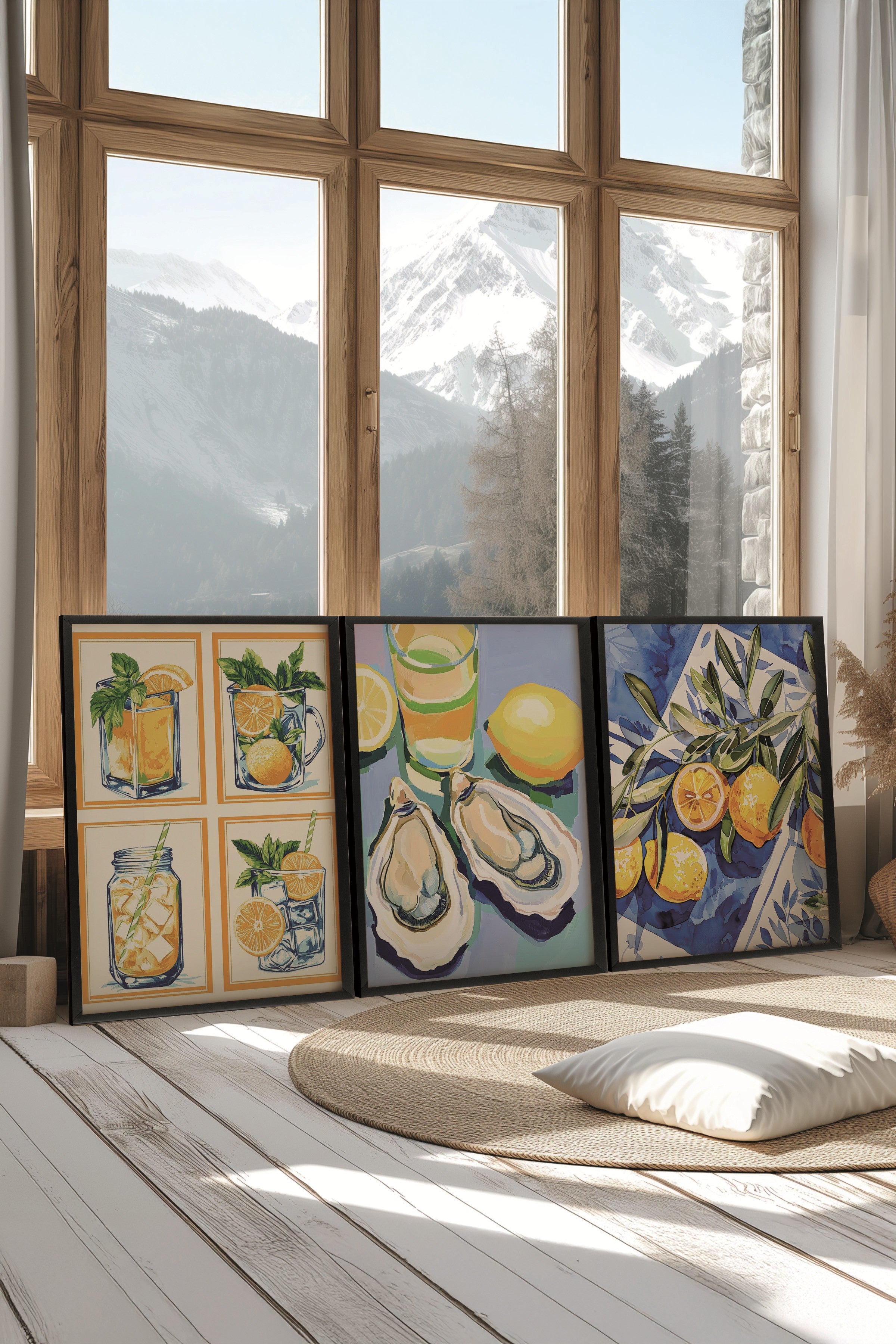 Siyah Tablo Seti, 3 Adet Siyah Çerçeveli Poster Mussel & Lemon Model No:300845, Sarı Duvar Dekor