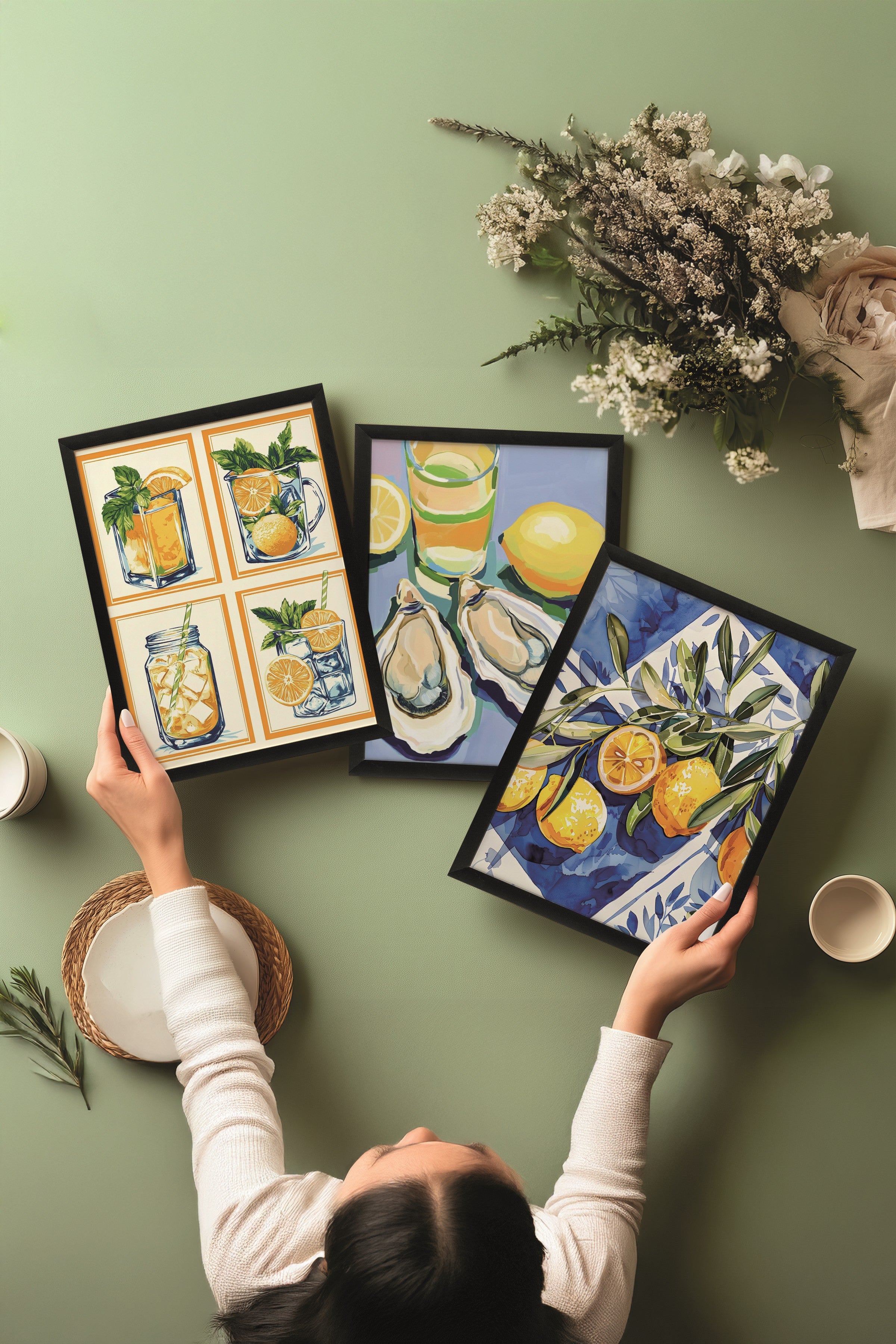 Siyah Tablo Seti, 3 Adet Siyah Çerçeveli Poster Mussel & Lemon Model No:300845, Sarı Duvar Dekor