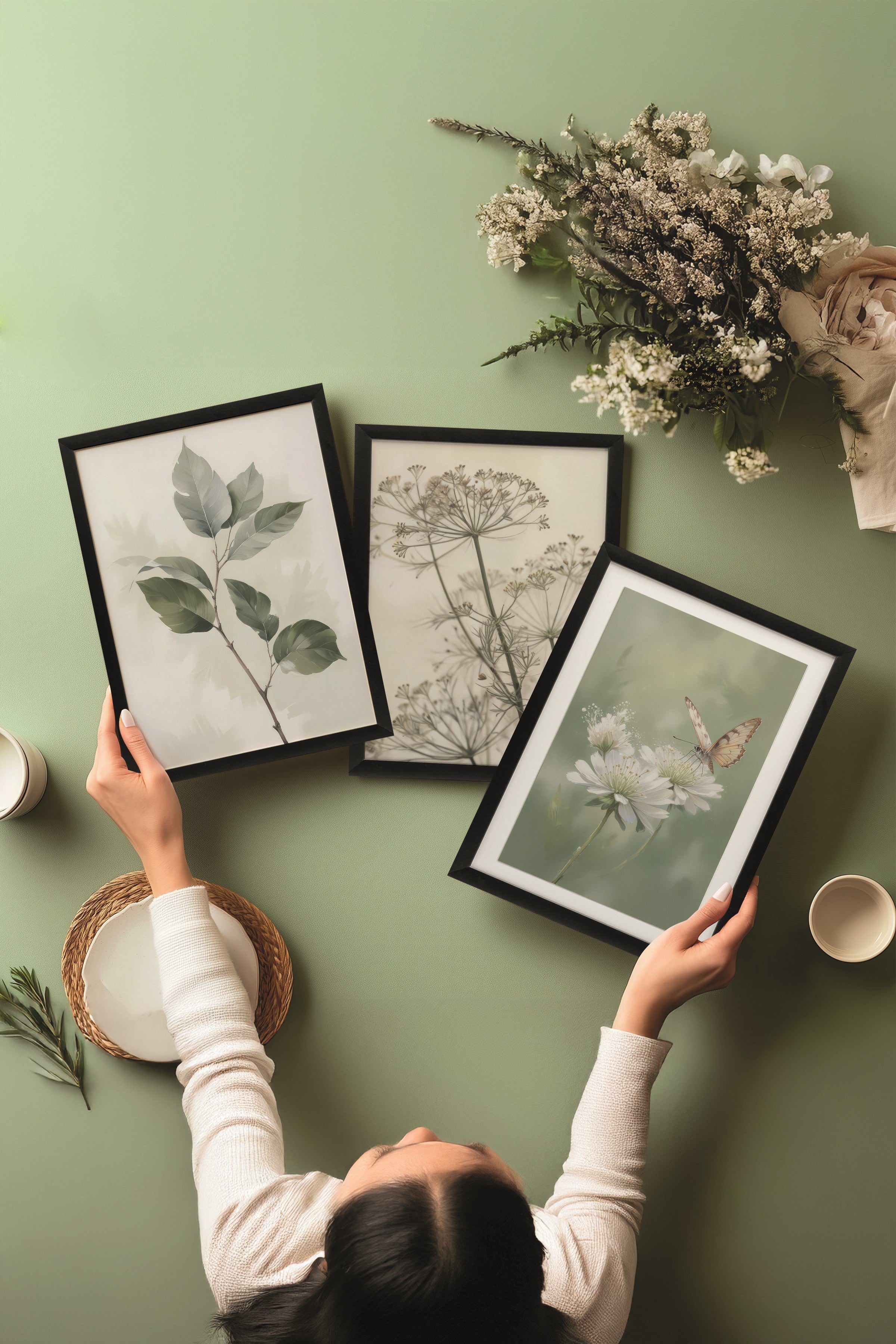 Siyah Tablo Seti, 3 Adet Siyah Çerçeveli Poster Nature Model No:300809, Yeşil Duvar Dekoru